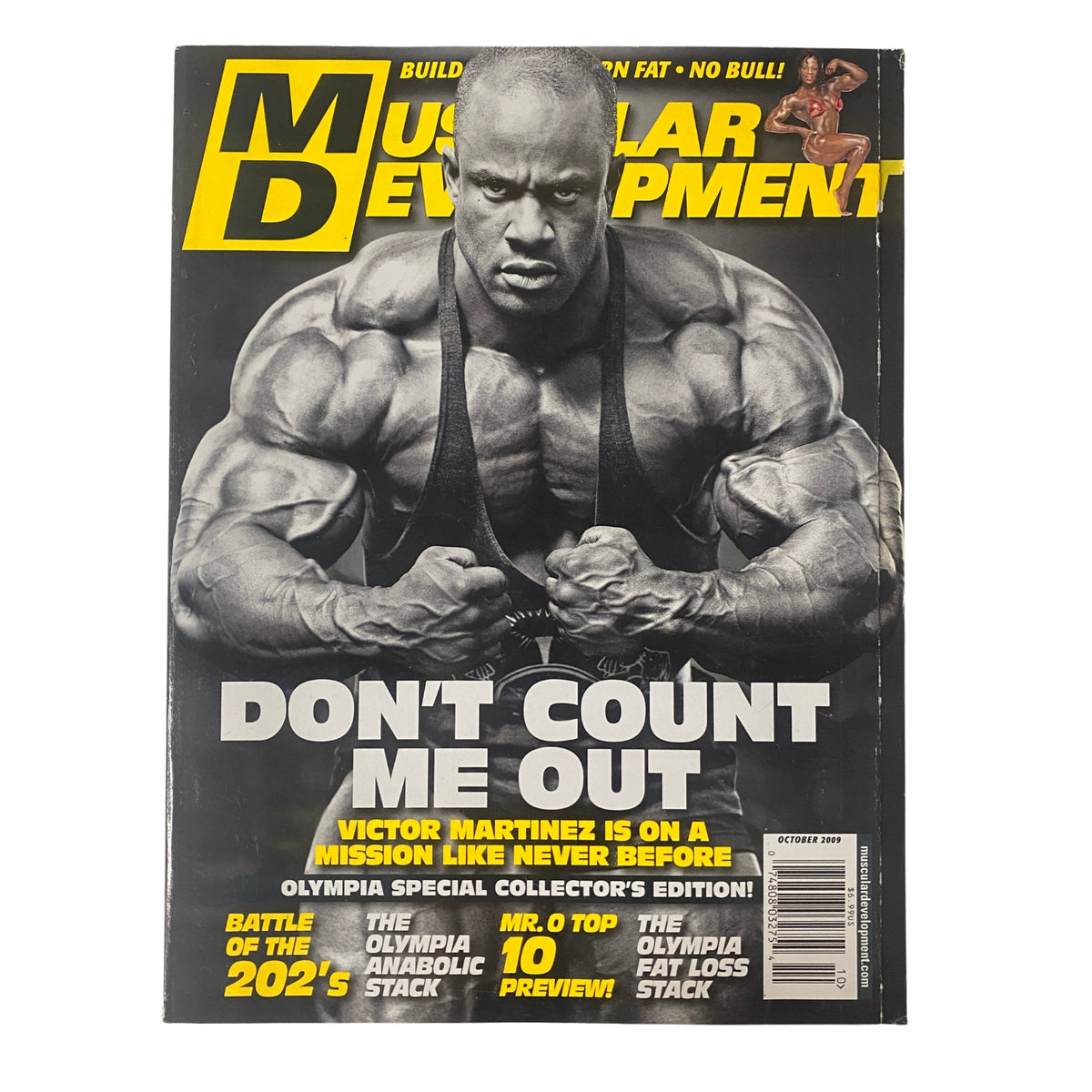 Cover of Muscular Development Magazine October 2009 featuring Victor Martinez with the headline 'Don’t Count Me Out!' showcasing his inspiring comeback ahead of the Mr. Olympia.