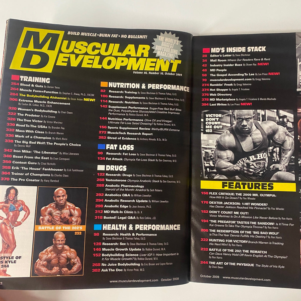 Inside page of Muscular Development Magazine October 2009 displaying the table of contents, including sections on training, nutrition, fat loss, and features related to the 2009 Mr. Olympia.