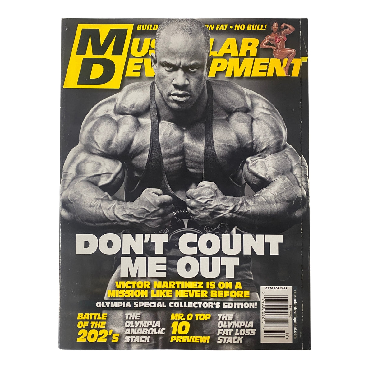 Cover of Muscular Development Magazine October 2009 Vol 46 No. 10, featuring Victor Martinez with the headline 'Don't Count Me Out!' highlighting his determination for the Olympia competition.