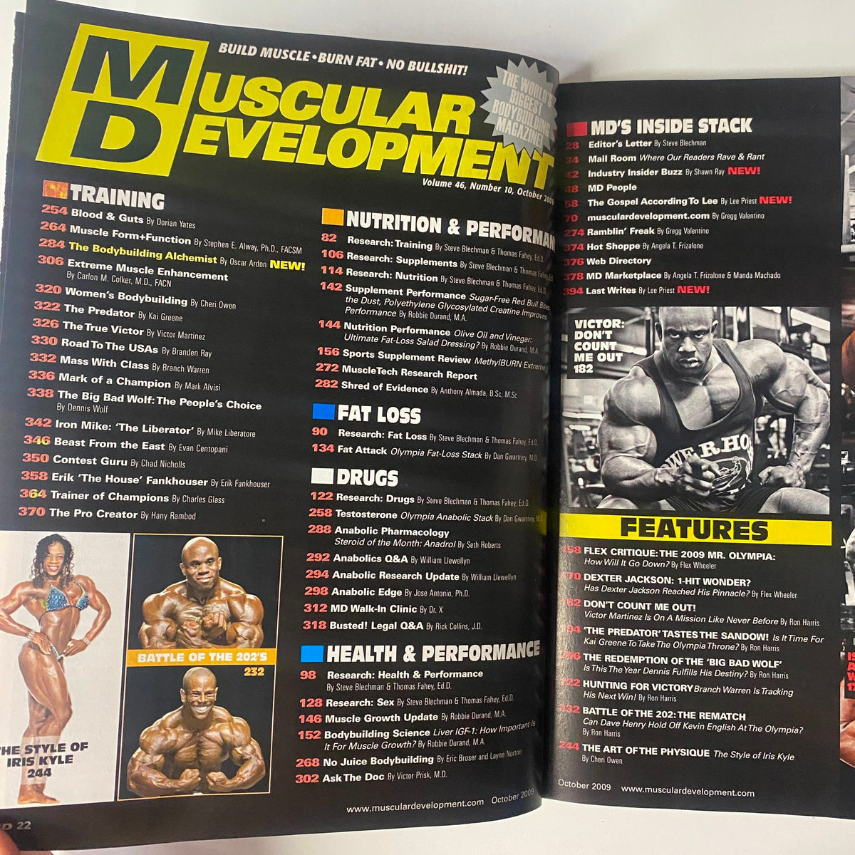 Inside spread of Muscular Development Magazine October 2009 Vol 46 No. 10, showcasing the table of contents with highlights on training, nutrition, and features including Victor Martinez's journey.