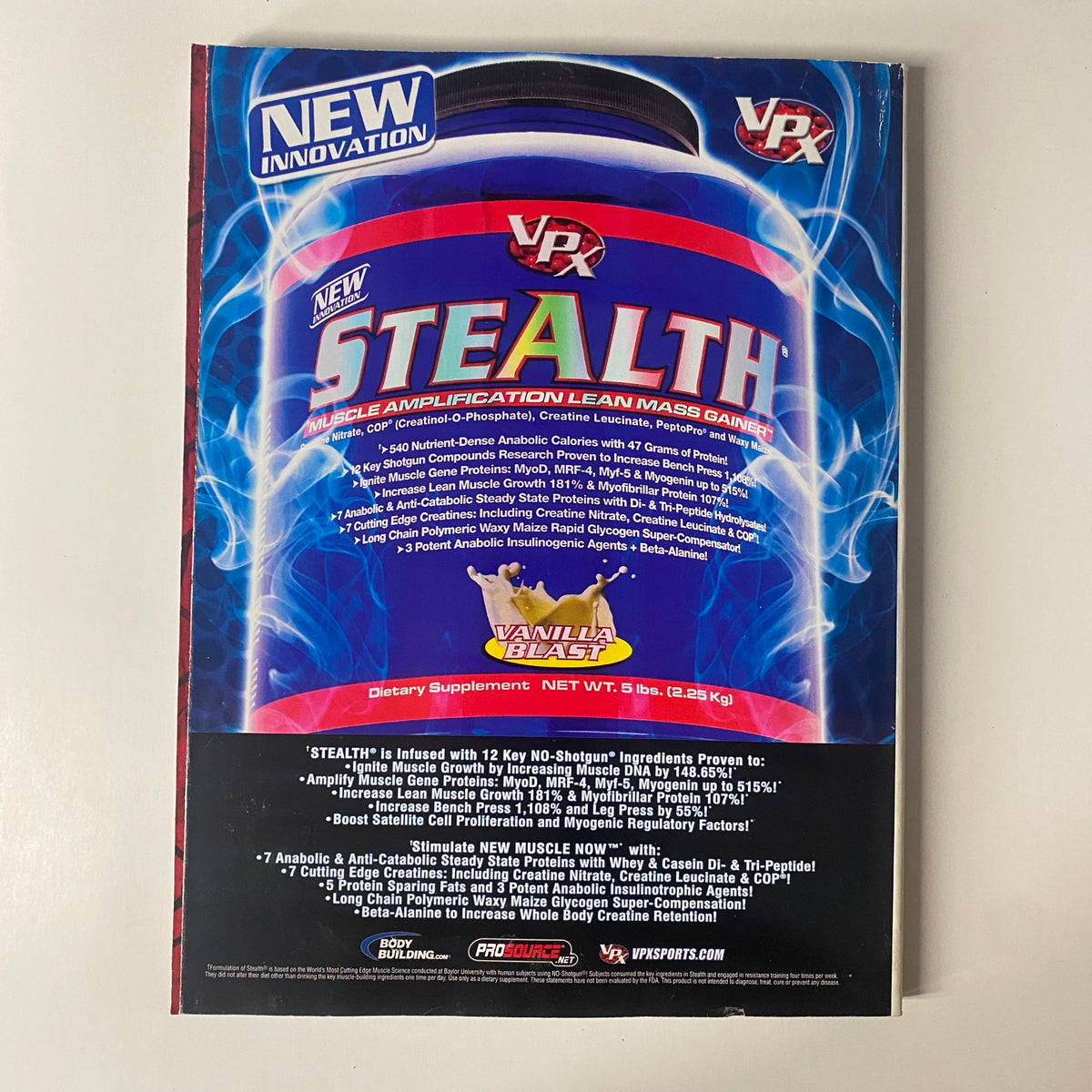 Back cover of Muscular Development Magazine November 2009 advertising VPX Stealth muscle gain supplement.