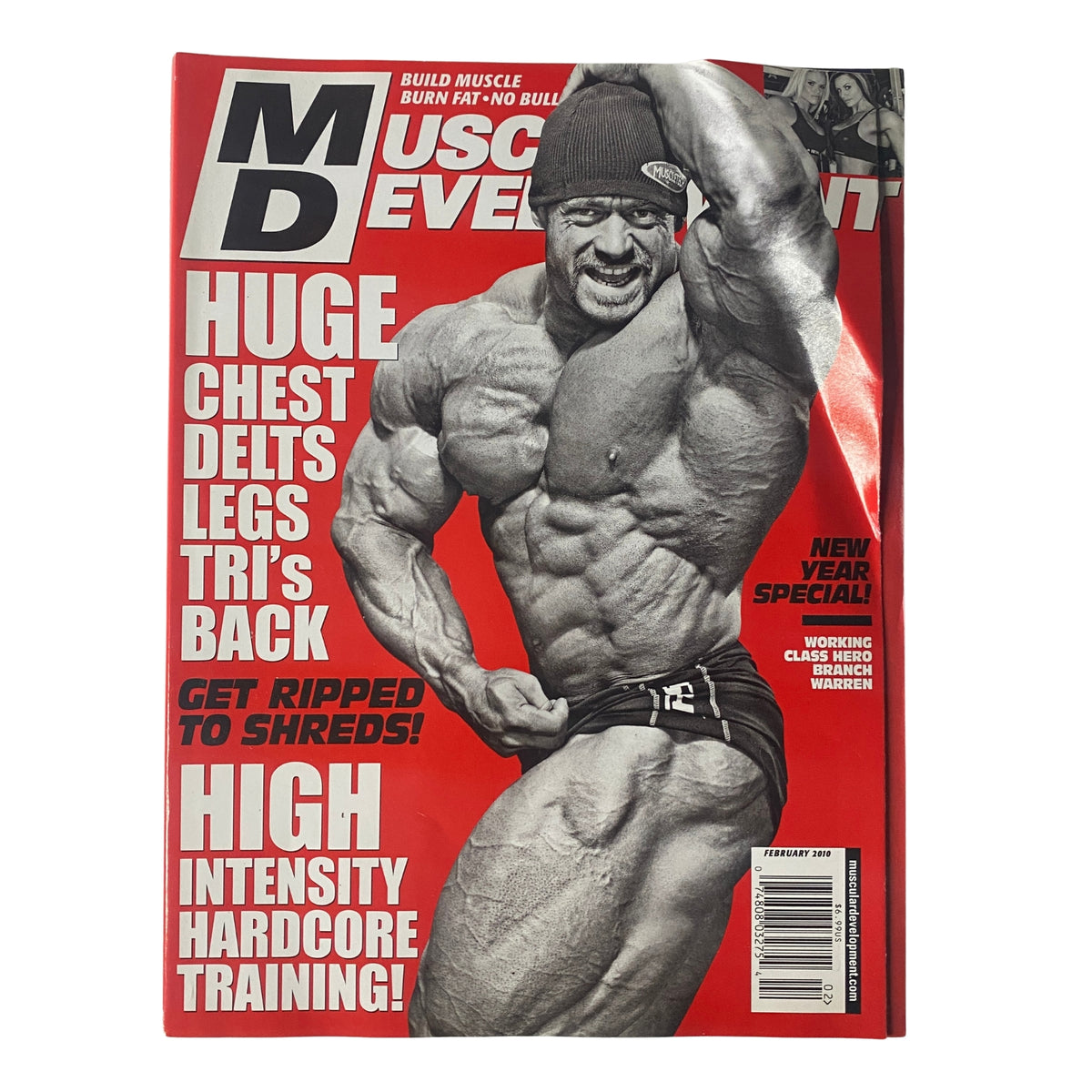 Cover of Muscular Development Magazine February 2010, Vol. 47 No. 2 featuring Branch Warren showcasing impressive physique and bodybuilding features.