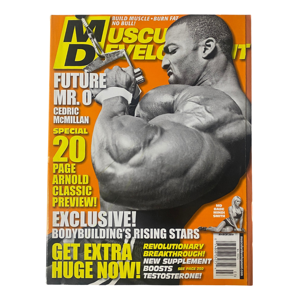 Cover of Muscular Development Magazine March 2010 featuring Cedric McMillan, showcasing a bodybuilding theme with a title highlighting the future of Mr. Olympia and a special 20-page Arnold Classic preview. The magazine emphasizes bodybuilding's rising stars and a revolutionary new supplement.