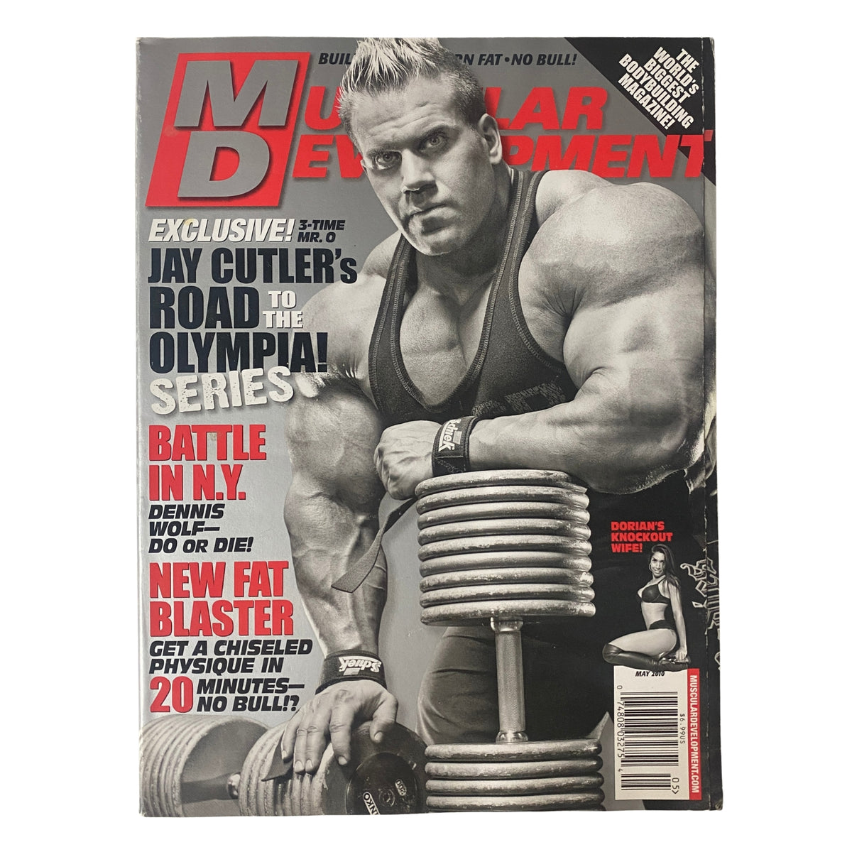 Cover of Muscular Development Magazine May 2010, Vol 47 No. 5, featuring exclusive content on Jay Cutler's journey to the Olympia with a powerful image of Cutler.