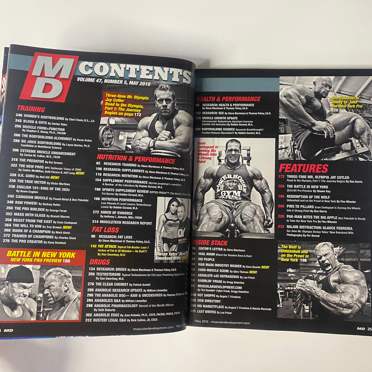 Contents page of Muscular Development Magazine May 2010, Vol 47 No. 5, outlining articles on training, nutrition, and key features including Jay Cutler's road to the Olympia.