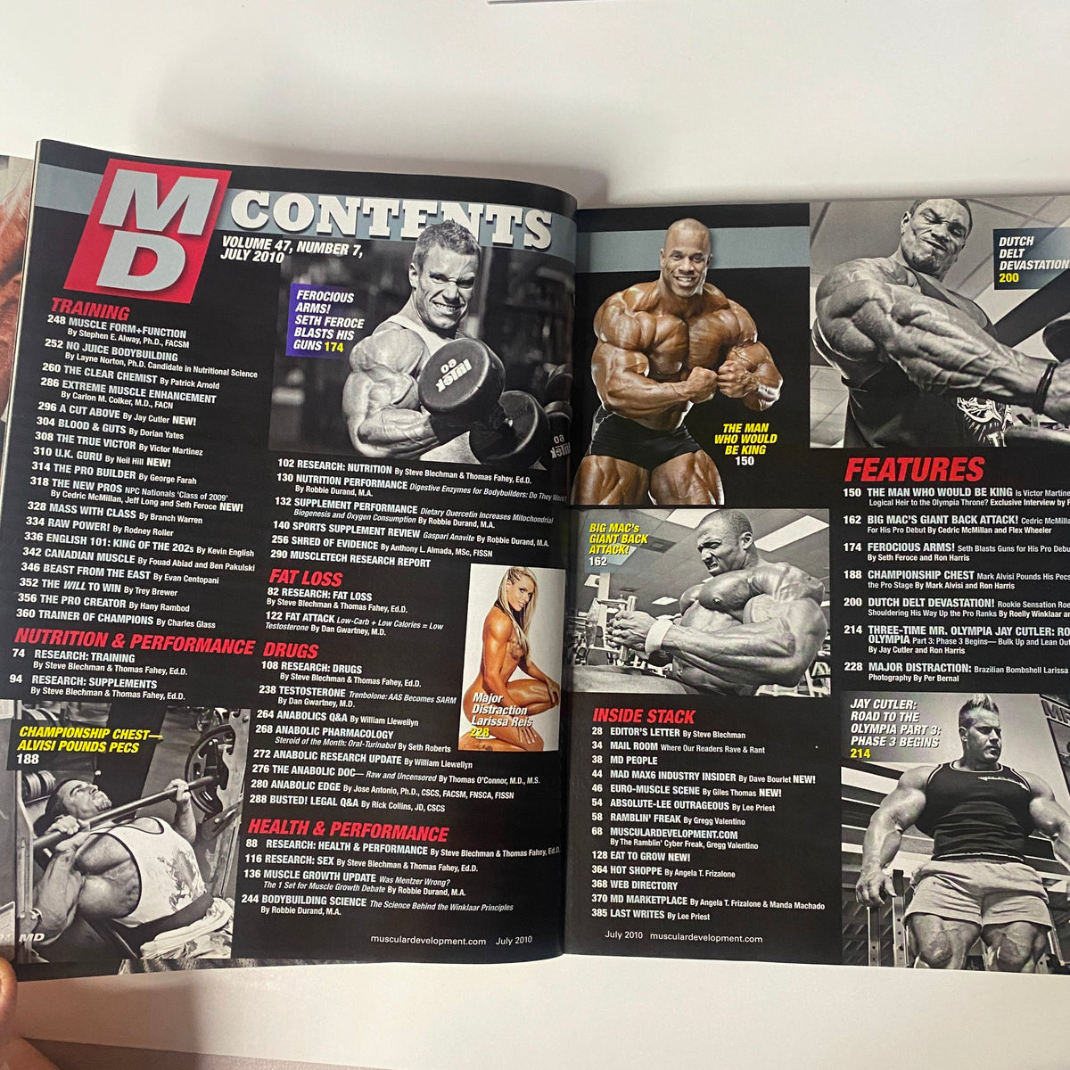 Inside contents page of Muscular Development Magazine July 2010 Vol 47 No. 7, listing articles on training, nutrition, and performance alongside images of bodybuilding athletes.