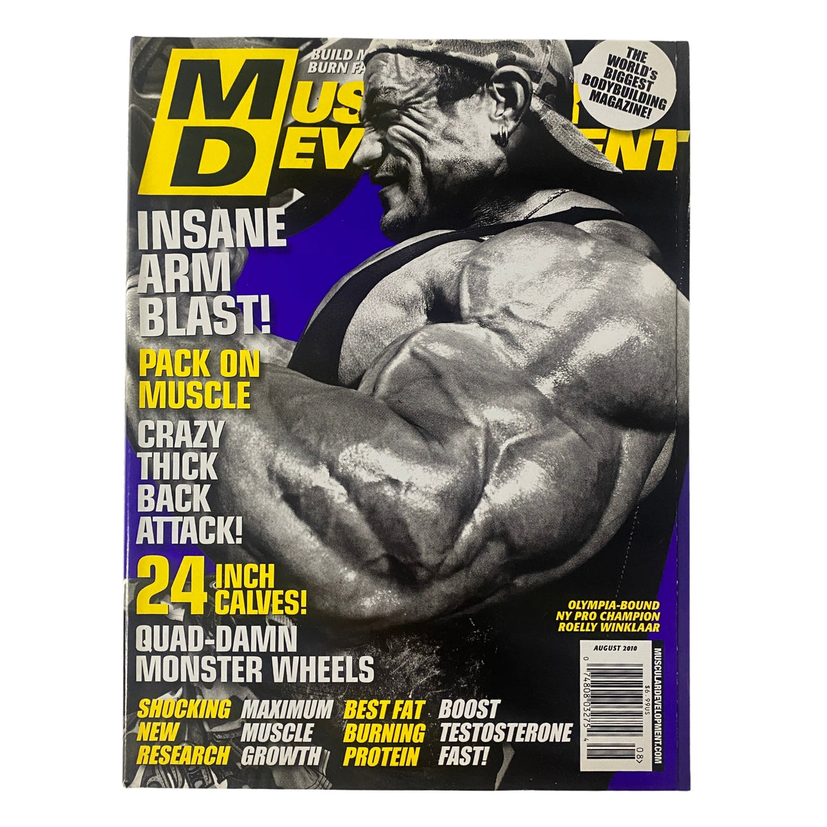 Cover image of Muscular Development Magazine August 2010 featuring Roelly Winklaar, highlighting fitness topics like 'Insane Arm Blast!', 'Pack on Muscle!', and '24 Inch Calves!' in very good condition.
