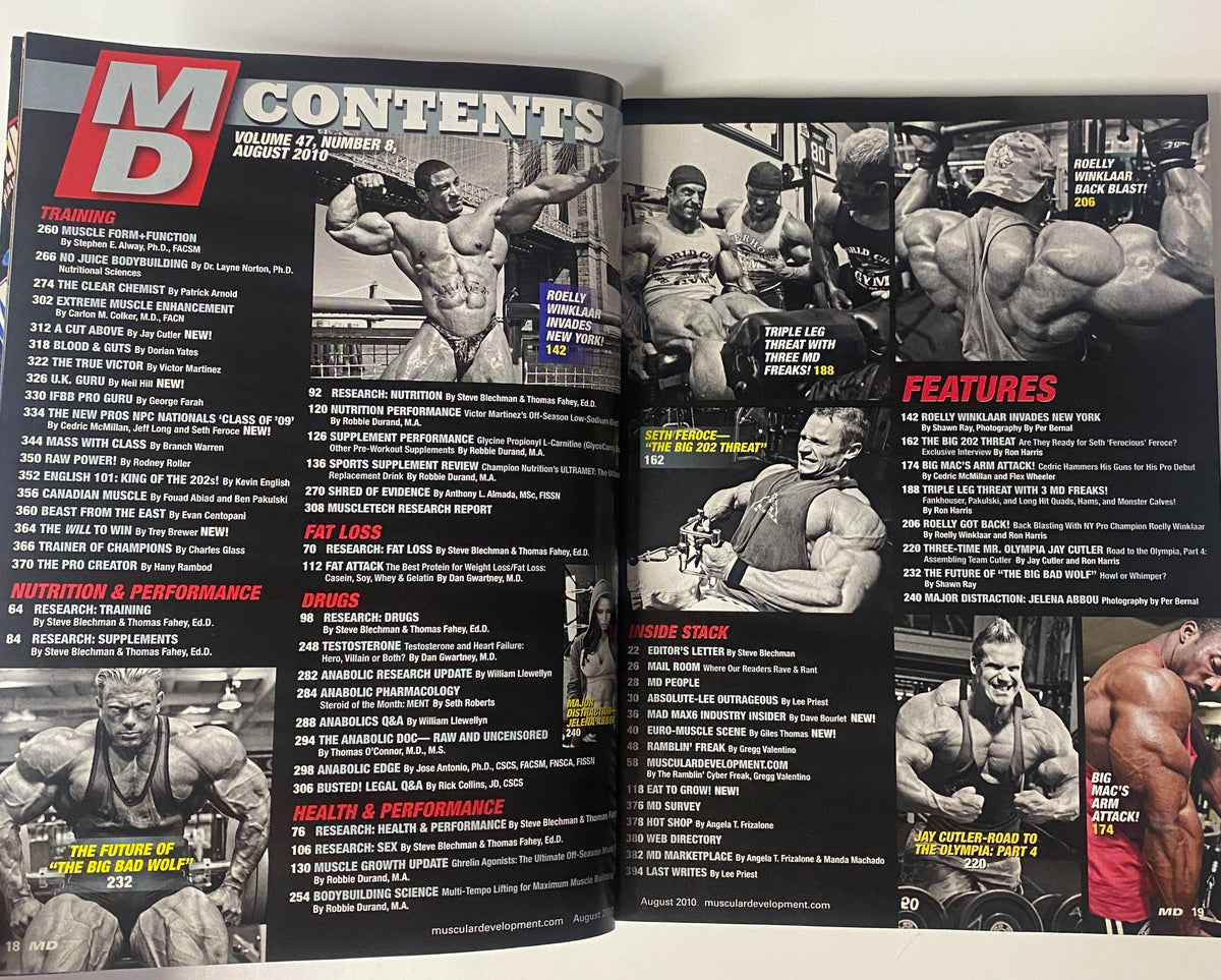 Muscular Development Magazine August 2010 features contents page, highlighting training and nutrition articles including Roelly Winklaar's contributions and notable features like exclusive interviews. Perfect for bodybuilding enthusiasts.