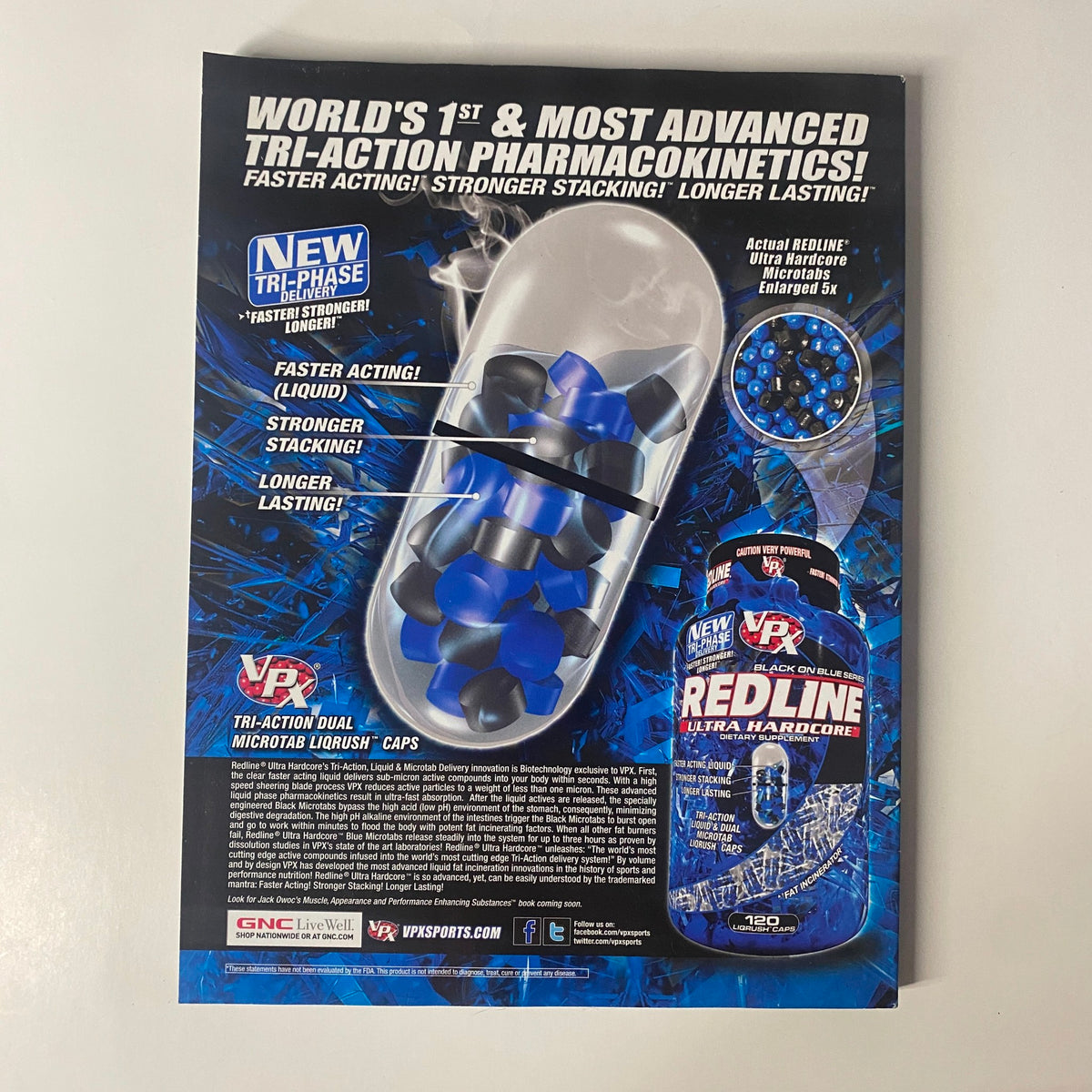 Muscular Development Magazine August 2010 advertisement showcasing VPX Sports Redline Ultra Hardcore supplement, emphasizing tri-action pharmacokinetics for faster acting, stronger stacking, and longer lasting results. Ideal for fitness fans.