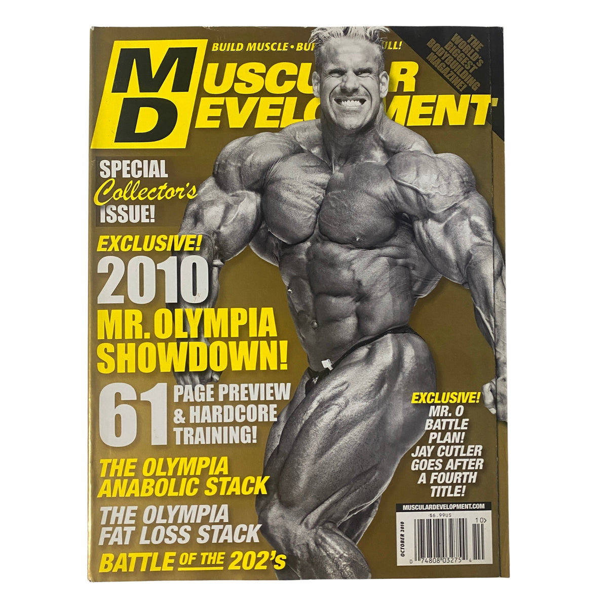 Muscular Development Magazine October 2010 featuring Jay Cutler on the cover, promoting the 2010 Mr. Olympia showdown and showcasing muscle development tips. Special collector's issue.