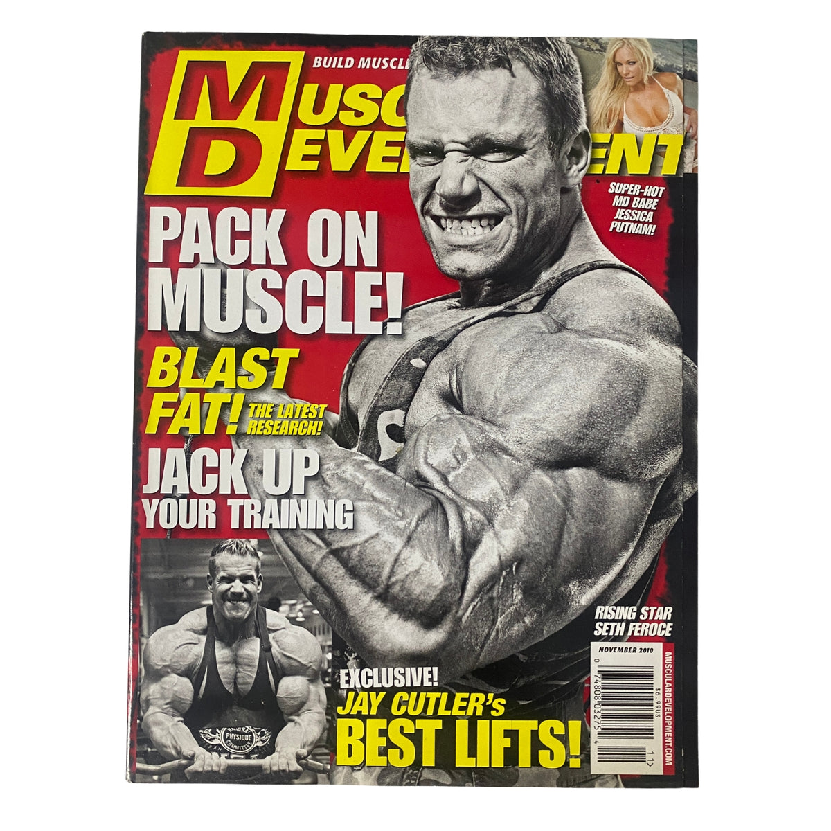Cover of Muscular Development Magazine November 2010 featuring Jay Cutler and Seth Feroce, highlighting bodybuilding tips and techniques while promoting muscle growth and training strategies.