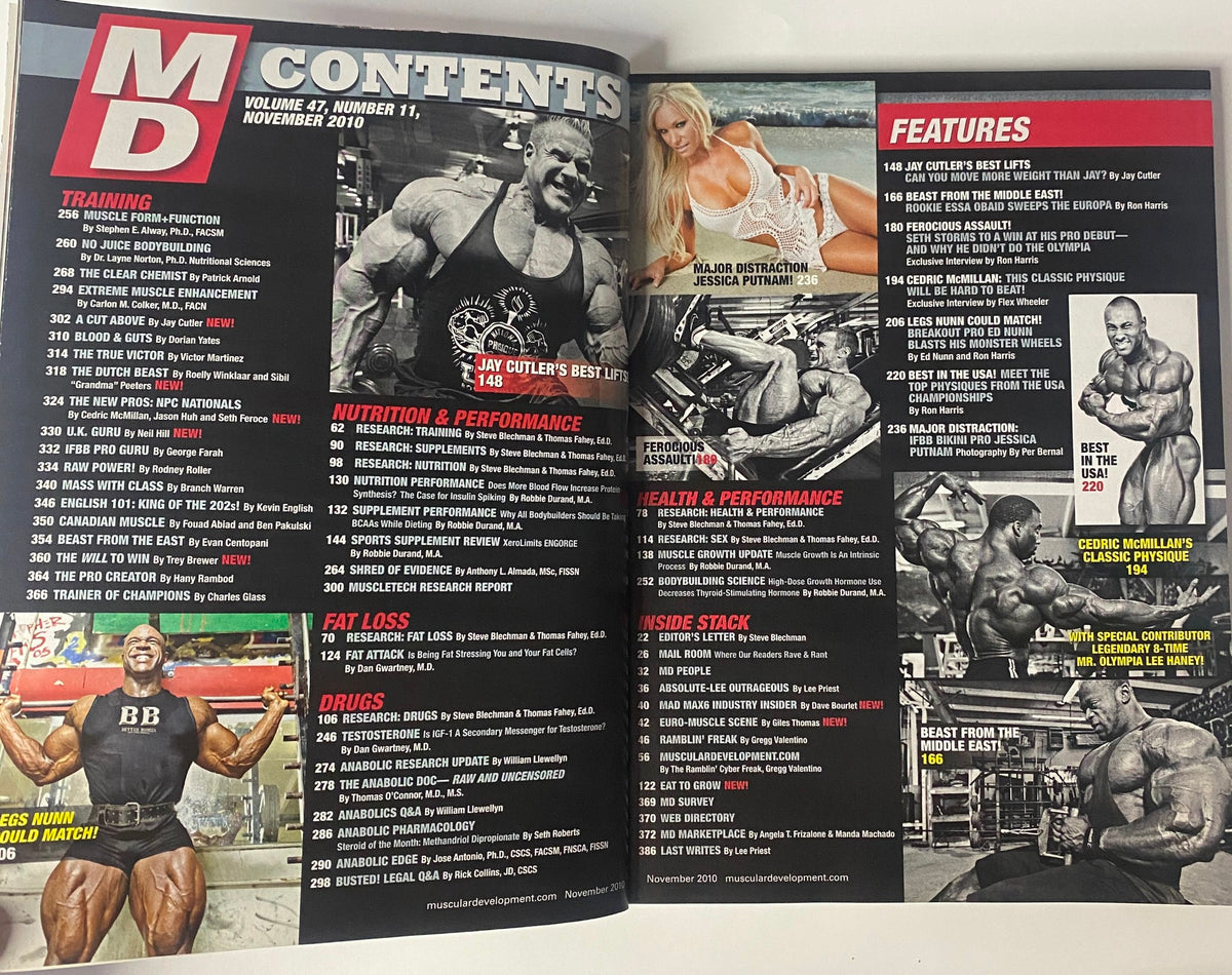 Contents page of Muscular Development Magazine November 2010, listing articles on training, nutrition, performance, and exclusive interviews with bodybuilding figures like Jay Cutler and Seth Feroce.