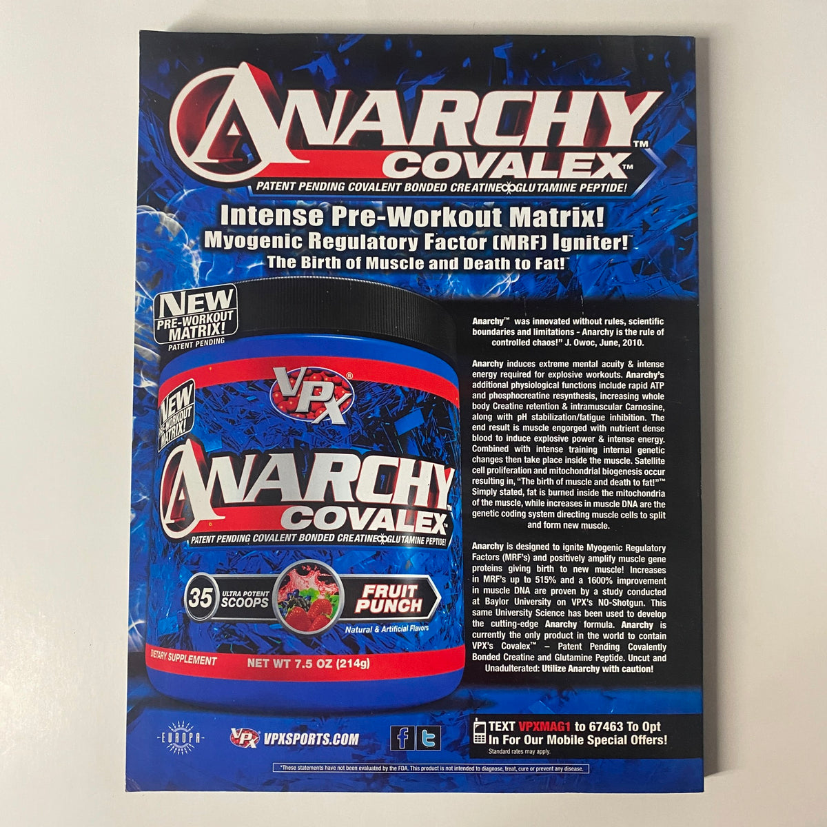 Advertisement for Anarchy Covalex pre-workout supplement featured in Muscular Development Magazine November 2010, emphasizing its unique formula for muscle performance and fat loss.