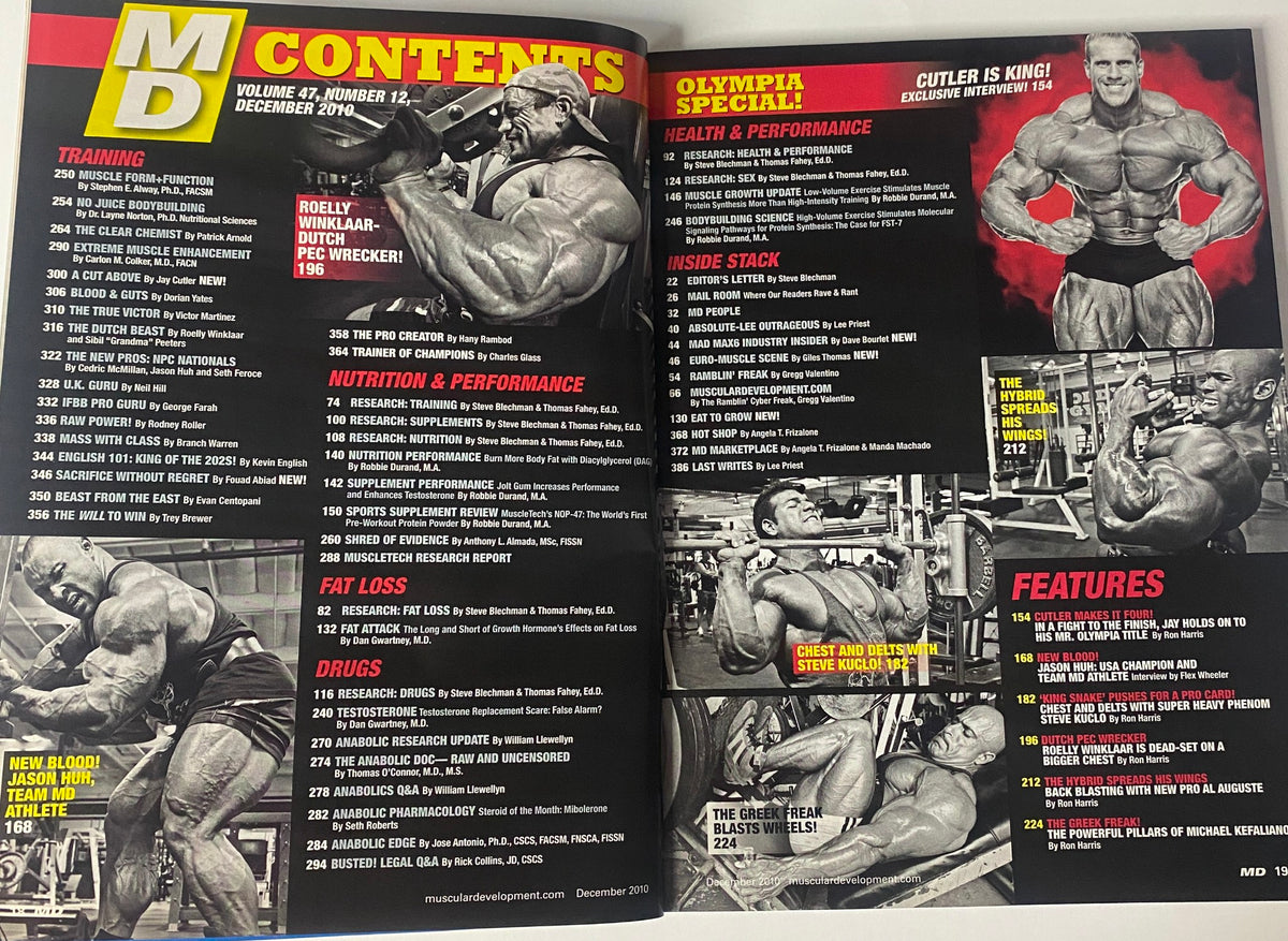Contents page of Muscular Development Magazine December 2010, Volume 47, No. 12, highlighting various articles and features including training, nutrition, and profiles of bodybuilding champions.