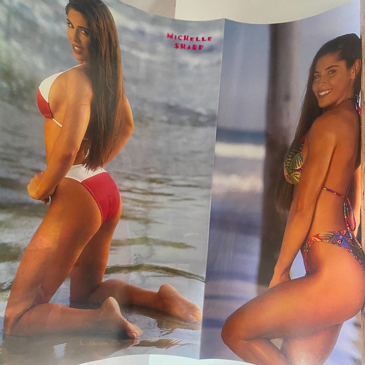 Poster from Muscular Development Magazine October 1997 featuring model Michelle Sharp in two swimsuit poses.