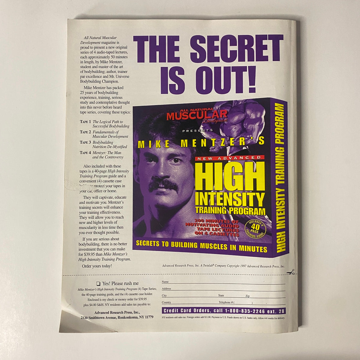 Advertisement page from Muscular Development Magazine December 1997 promoting Mike Mentzer’s High Intensity Training Program.