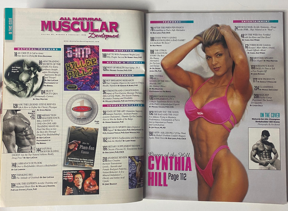 Inside spread of Muscular Development Magazine February 1998 showcasing Cynthia Hill, the featured athlete on Page 112, along with a table of contents listing articles on bodybuilding supplements and health topics.