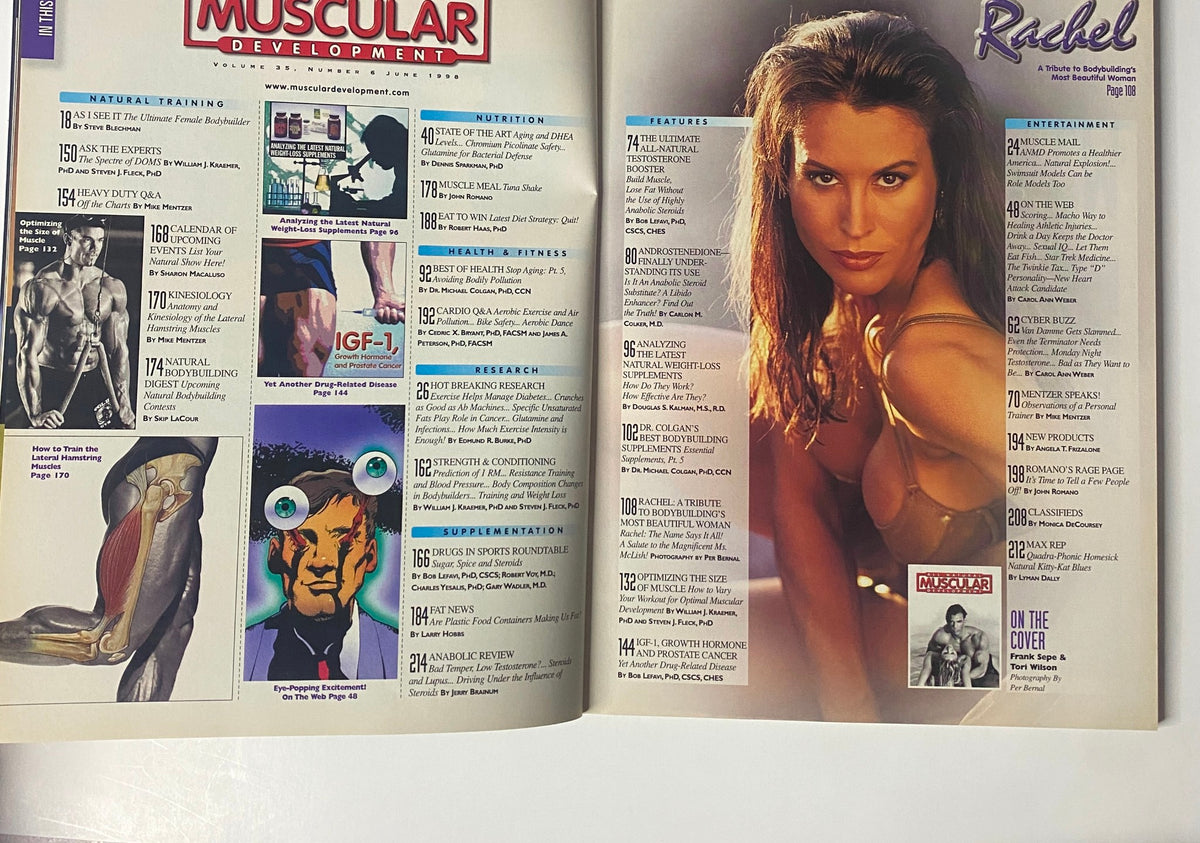 Inside pages of Muscular Development Magazine June 1998, showcasing fitness features and nutrition tips. Includes an article on Rachel McLish, a tribute to bodybuilders.