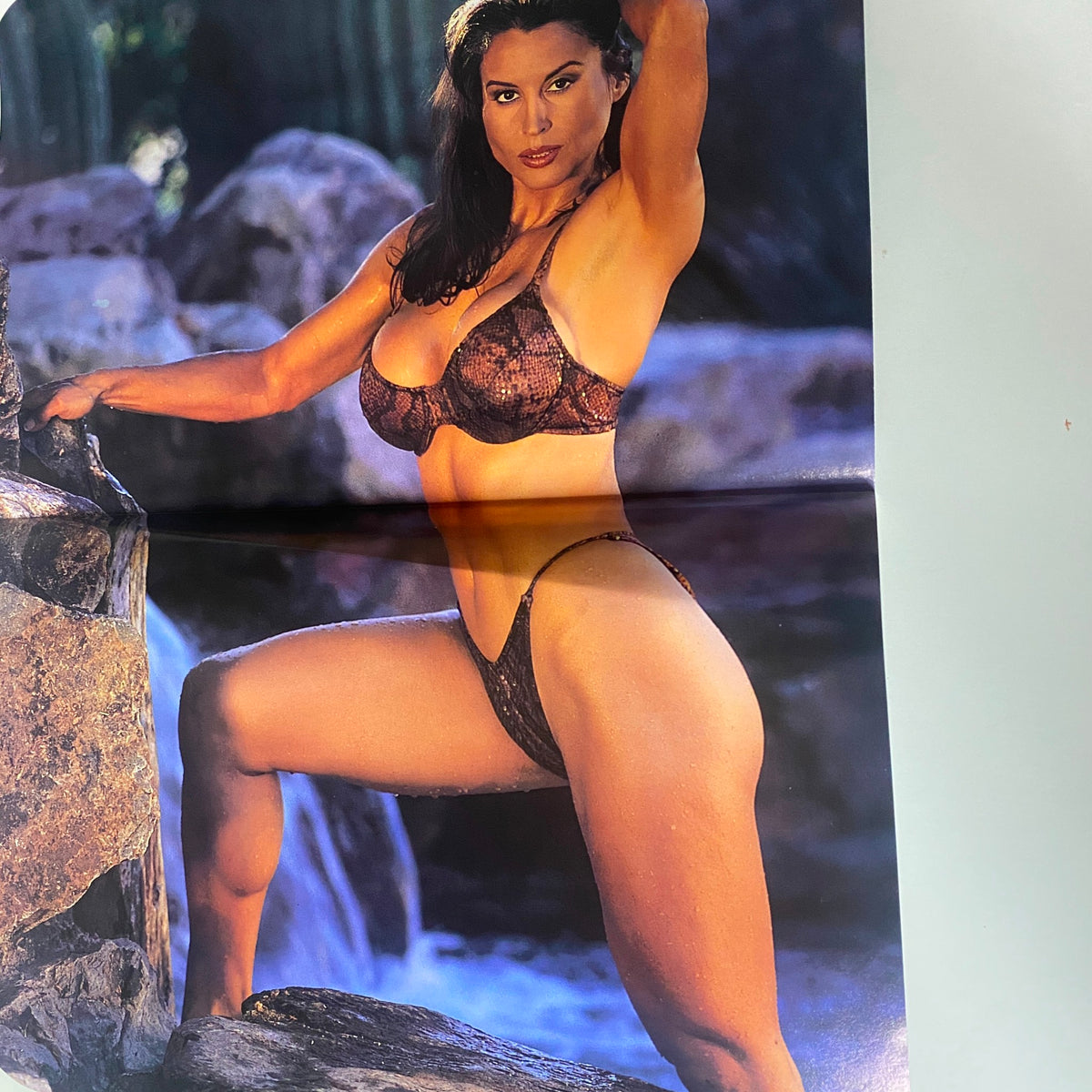 Original pull-out poster from Muscular Development Magazine June 1998, featuring Rachel McLish in a striking pose by a waterfall, emphasizing beauty and strength in bodybuilding.