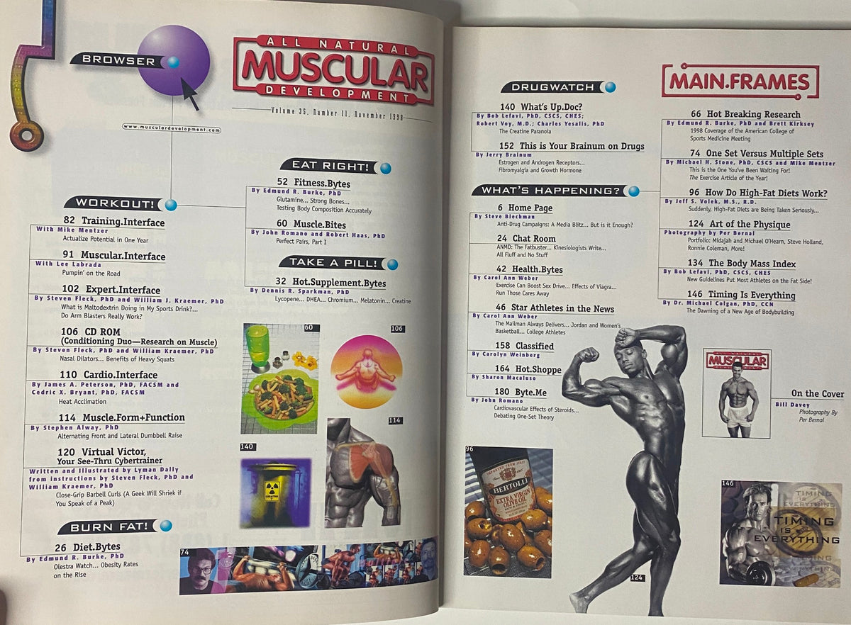 Muscular Development Magazine November 1998 featuring a double-page layout with articles on bodybuilding, nutrition tips, workout routines, and scientific insights relevant to fitness enthusiasts and professionals.