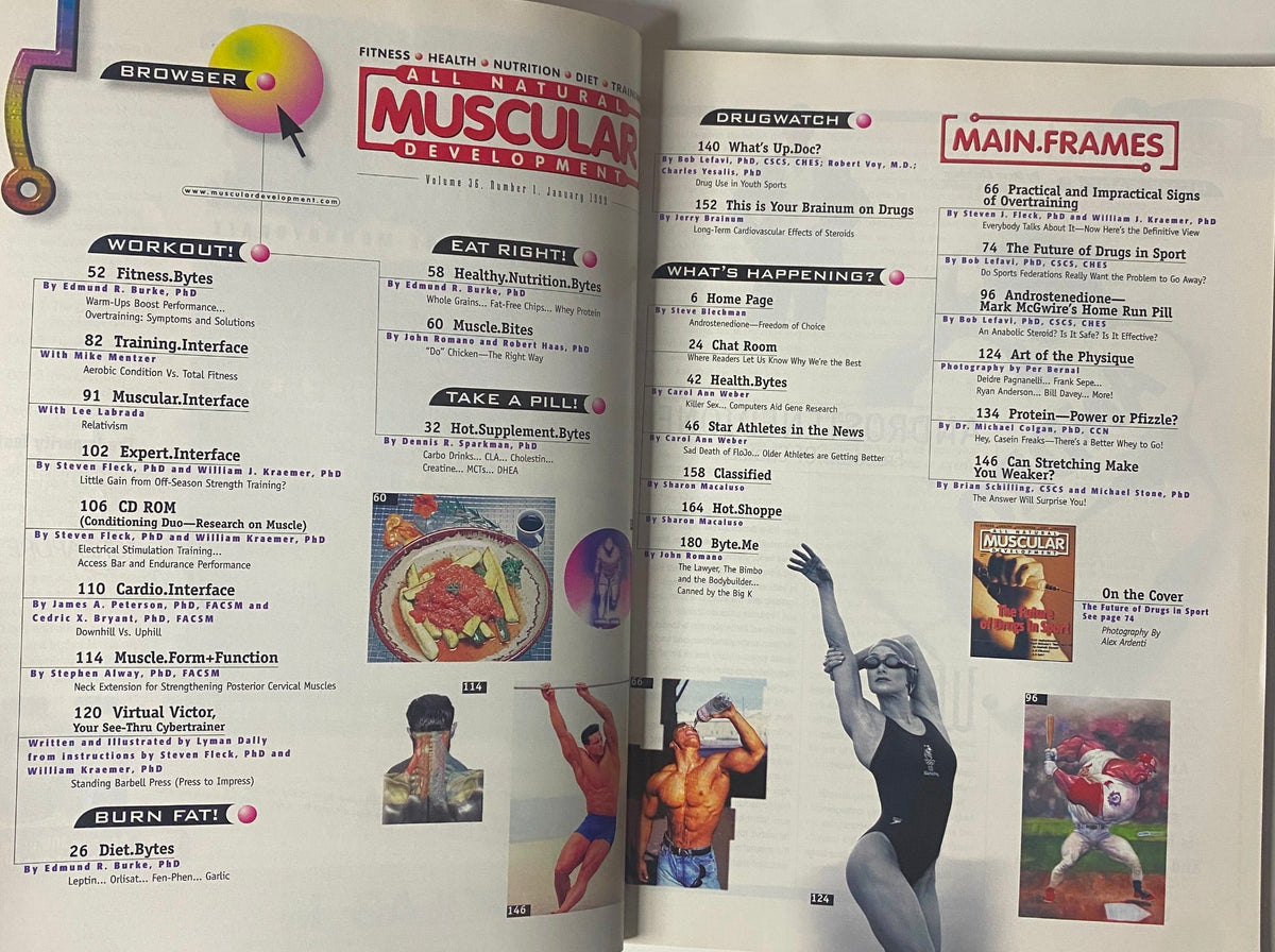 Inside pages of Muscular Development Magazine January 1999 displaying the table of contents with sections on fitness, nutrition, and articles related to sports performance and drug use.