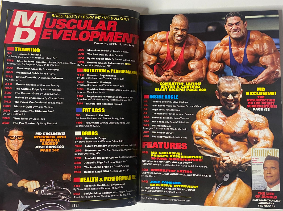 Inside pages of Muscular Development Magazine July 2005, Vol 42 No. 7 with a table of contents highlighting featured articles on bodybuilding including Lee Priest, Gustavo Badell, and Jose Canseco.