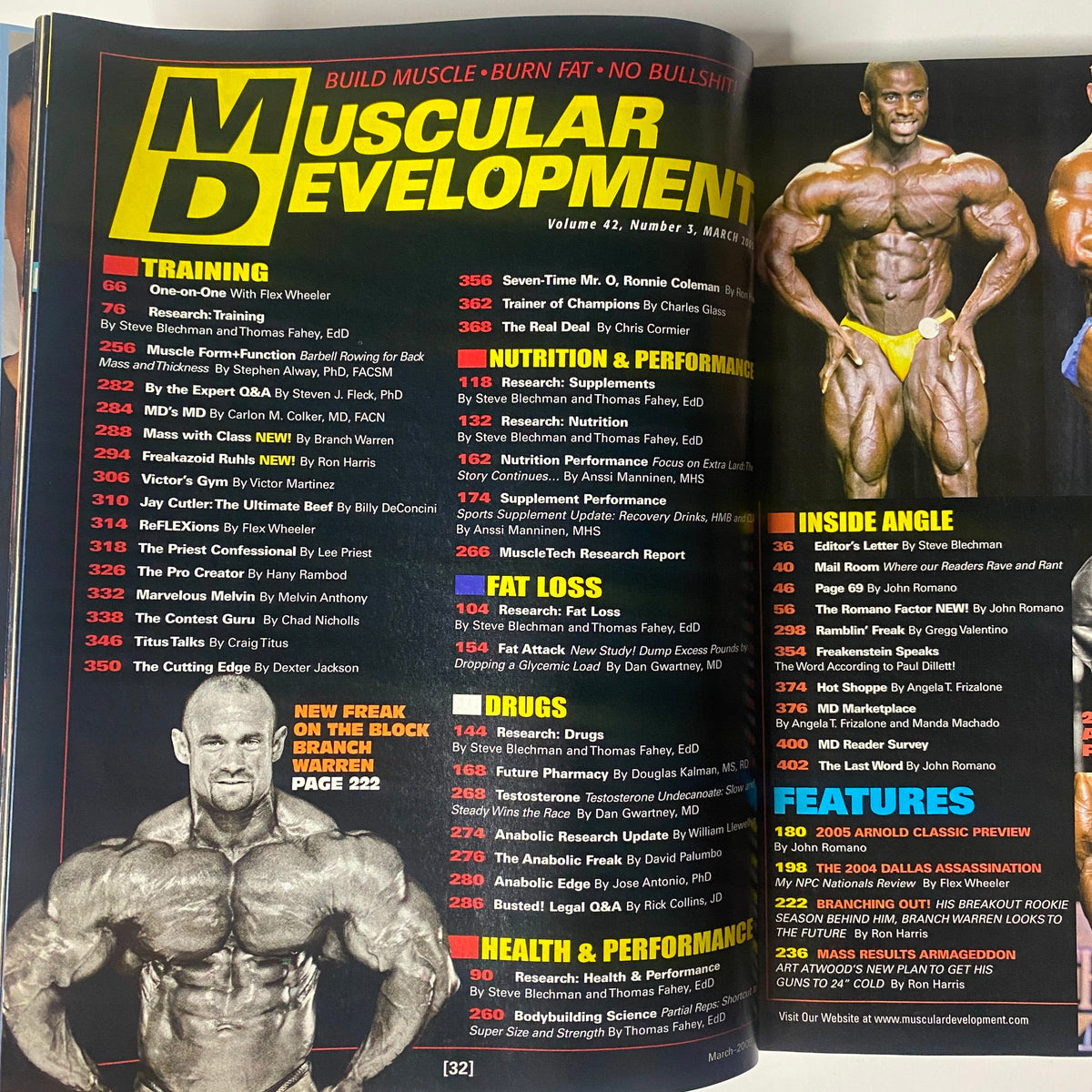 Cover of Muscular Development Magazine, March 2005, Vol 42 No. 3 featuring professional bodybuilder Branch Warren, highlighting topics such as training and nutrition in bodybuilding.