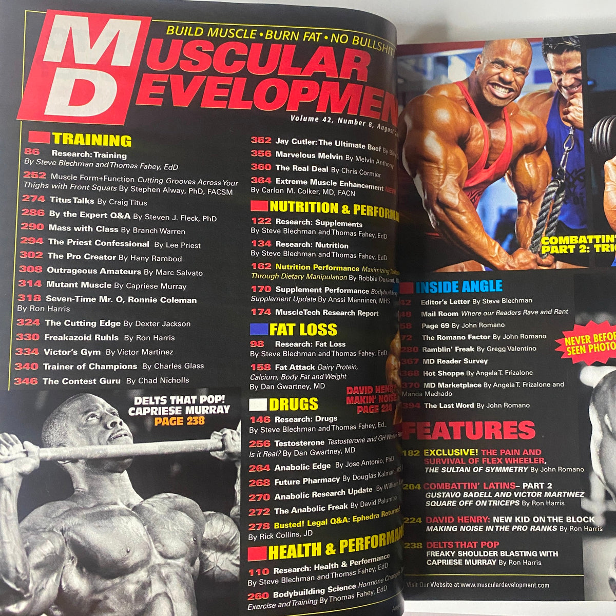 Table of contents for Muscular Development Magazine August 2005 Vol 42 No. 8, detailing training, nutrition, and features on bodybuilding.