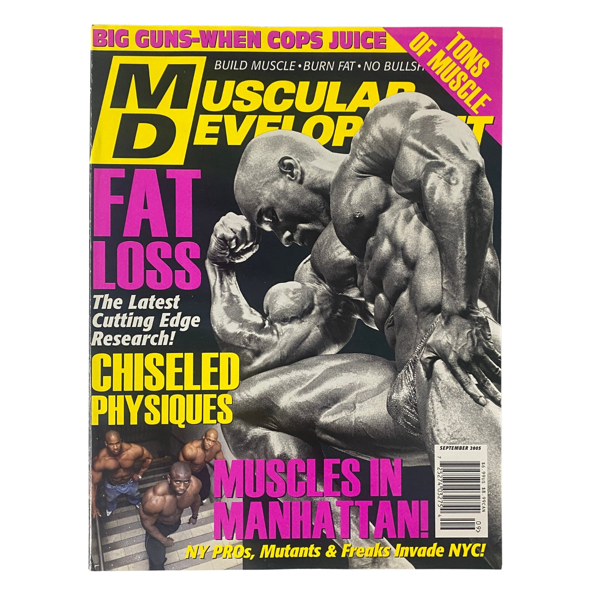 Muscular Development Magazine, September 2005 edition with Darrem Charles on the cover featuring headlines about fat loss and muscle building techniques.