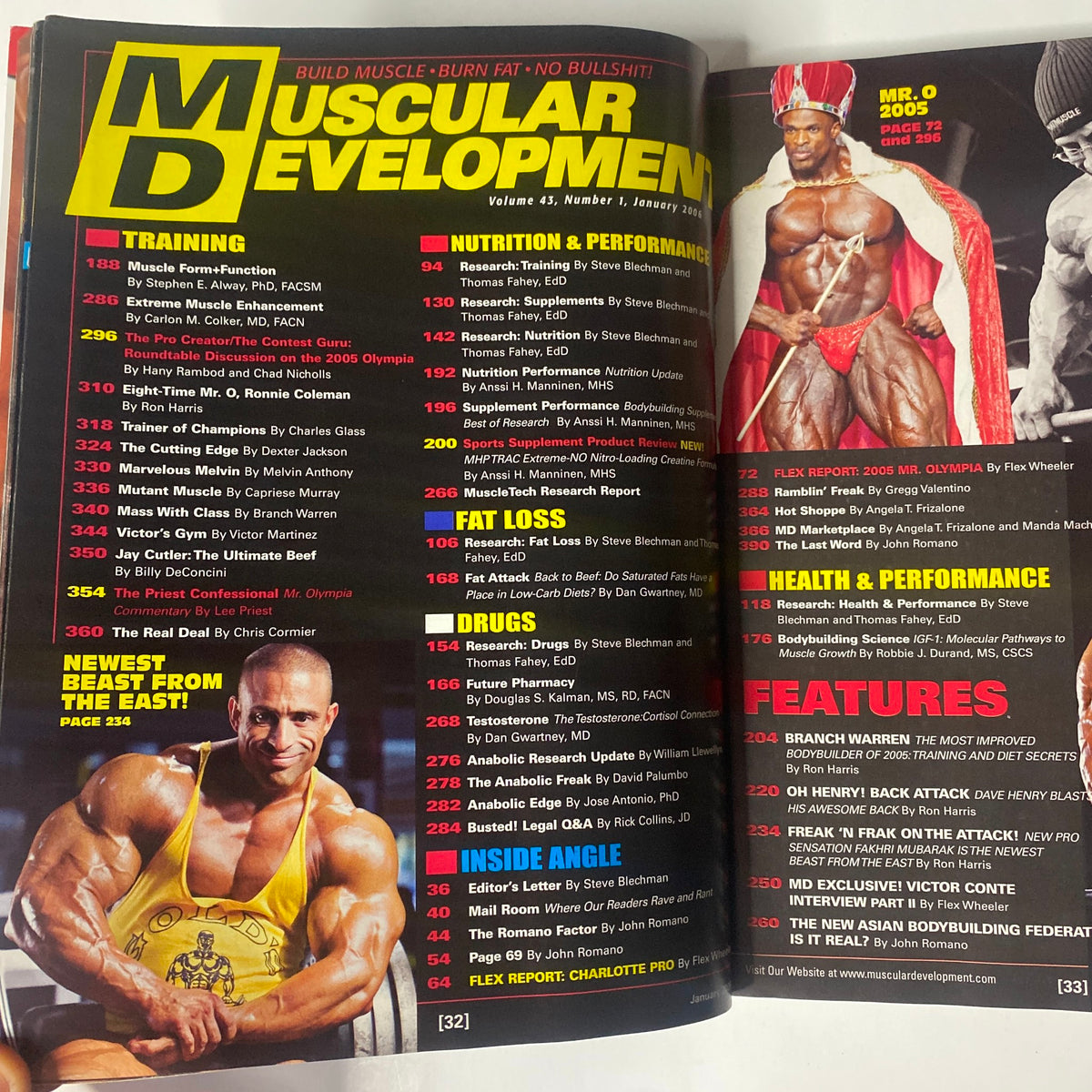 Inside view of Muscular Development Magazine January 2006, displaying the table of contents including articles on training and nutrition.
