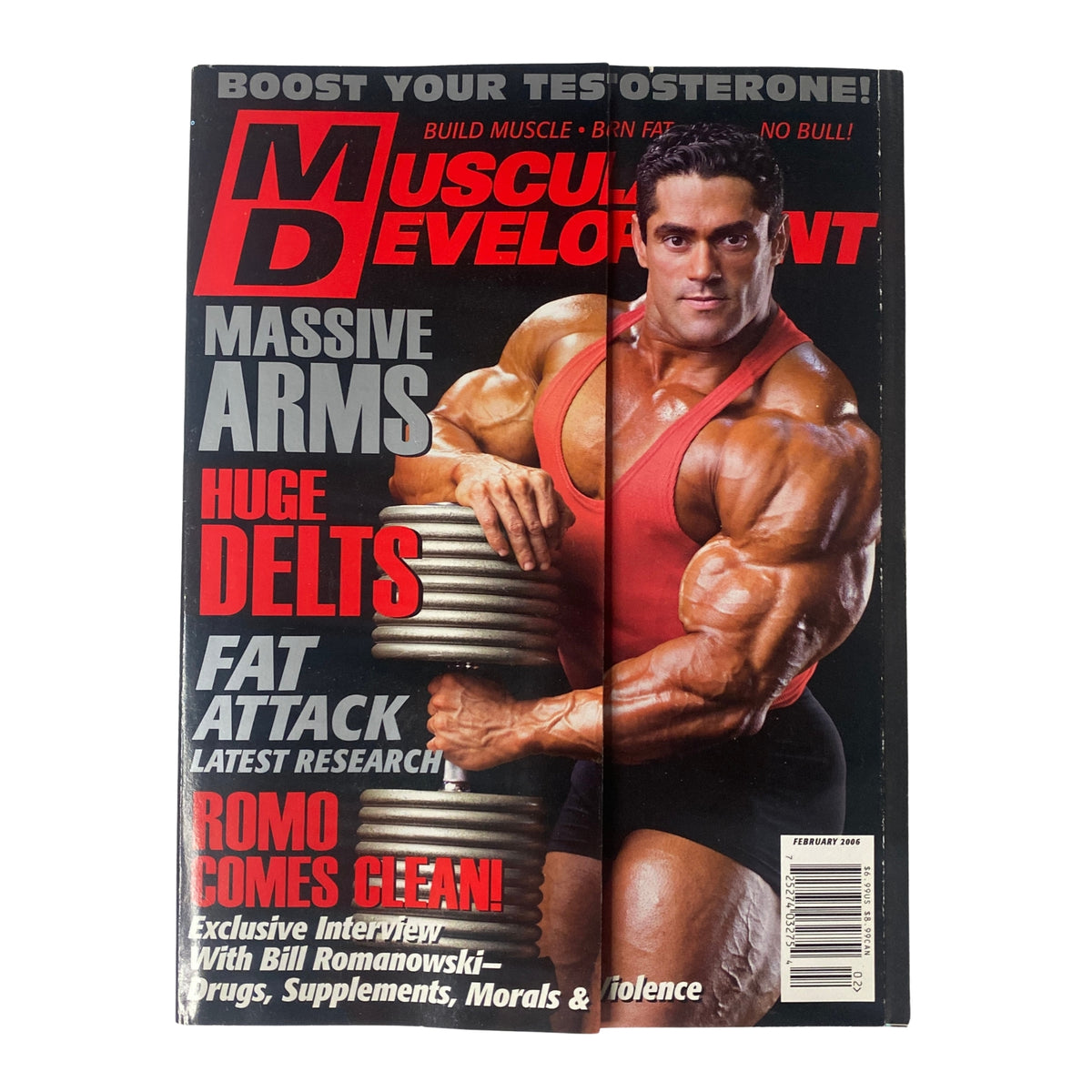 Cover of Muscular Development Magazine February 2006 featuring professional bodybuilder Gustavo Badell. The cover emphasis includes phrases like 'Boost Your Testosterone!' and highlights on training and supplementation for bodybuilding enthusiasts.