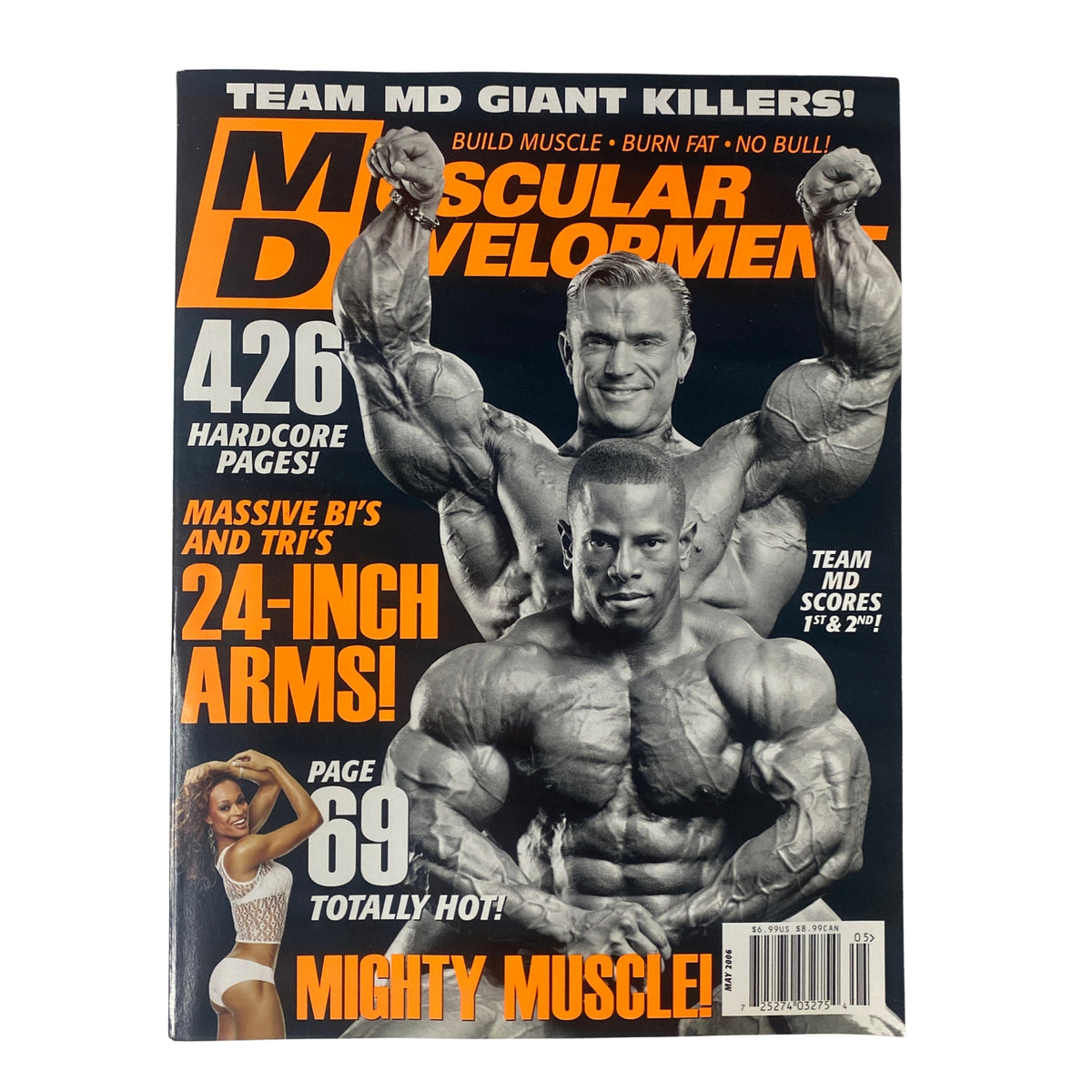 Cover of Muscular Development Magazine May 2006 featuring Lee Priest and David Henry. The magazine promotes muscle building and fat burning with a striking image of two muscular bodybuilders.