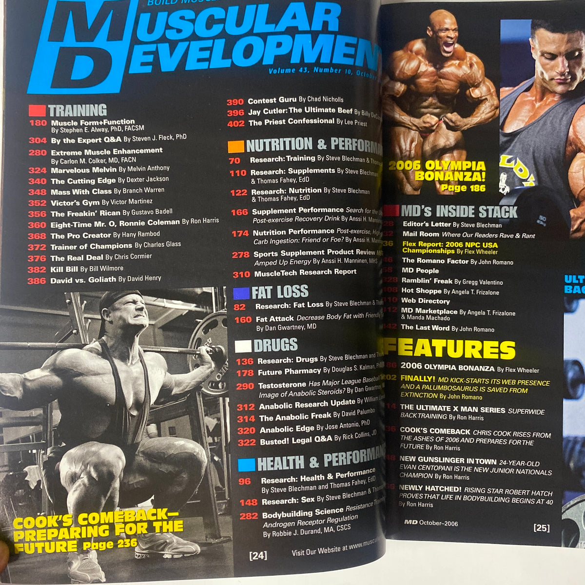 Interior page of Muscular Development Magazine October 2006 displaying the table of contents with featured articles on training, nutrition, and 2006 Olympia highlights.