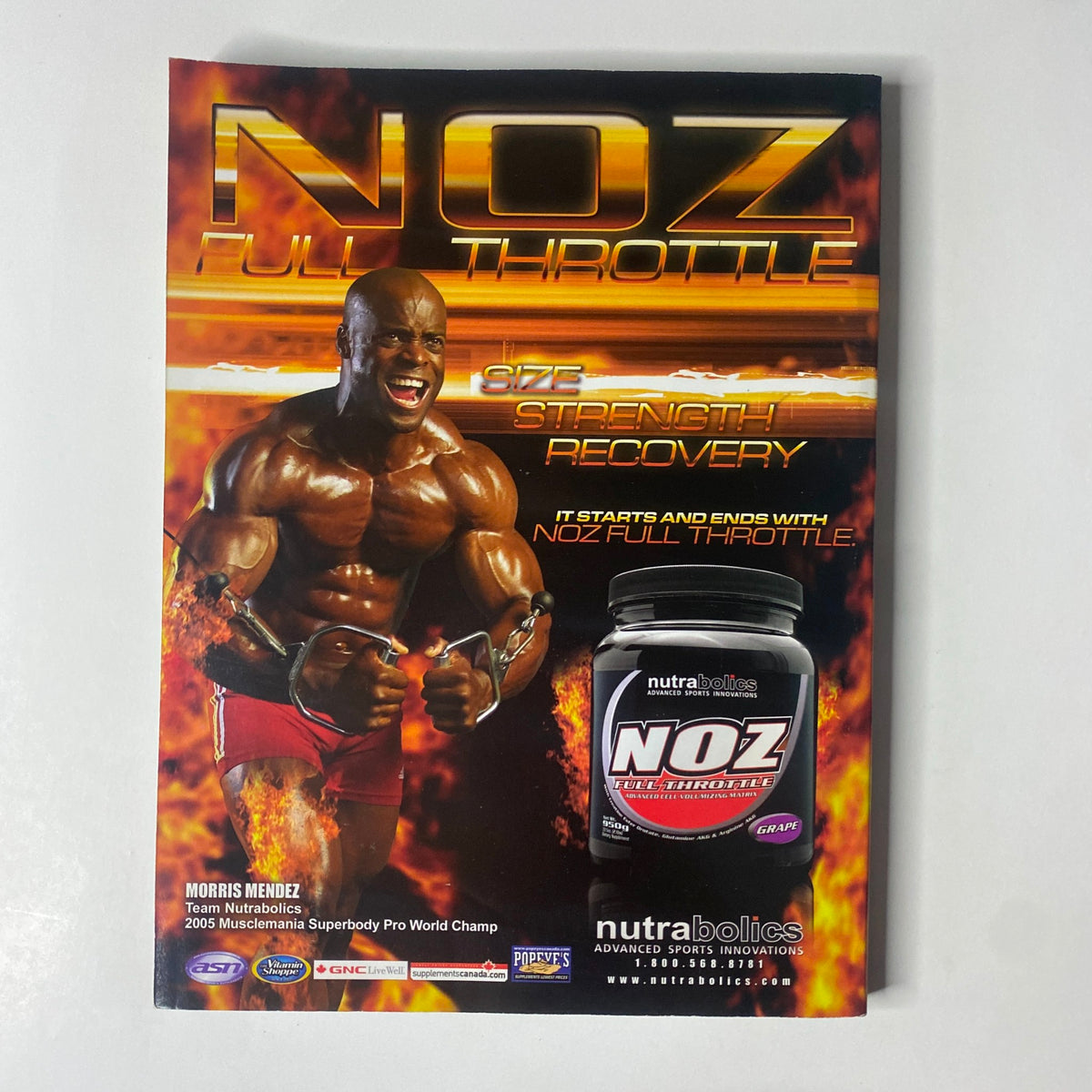 Advertisement for NOZ Full Throttle featuring Morris Mendez, promoting size, strength, and recovery. Included in Muscular Development Magazine October 2006.
