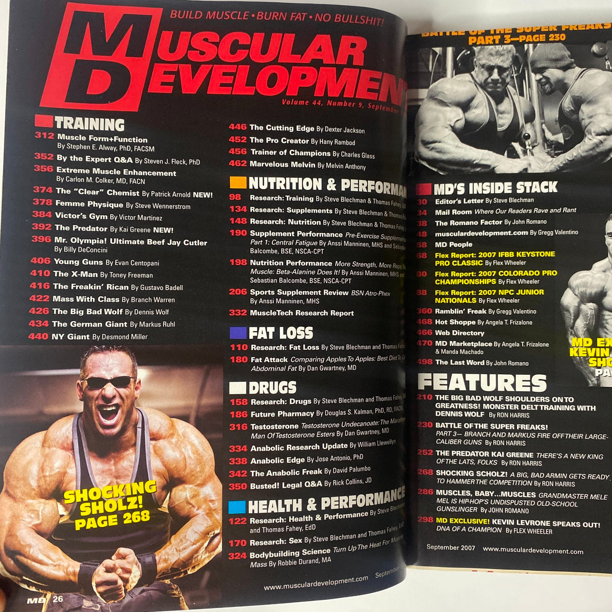 Interior page of Muscular Development Magazine September 2007 showing the table of contents, detailing the articles on training, nutrition, fat loss, and bodybuilding features.