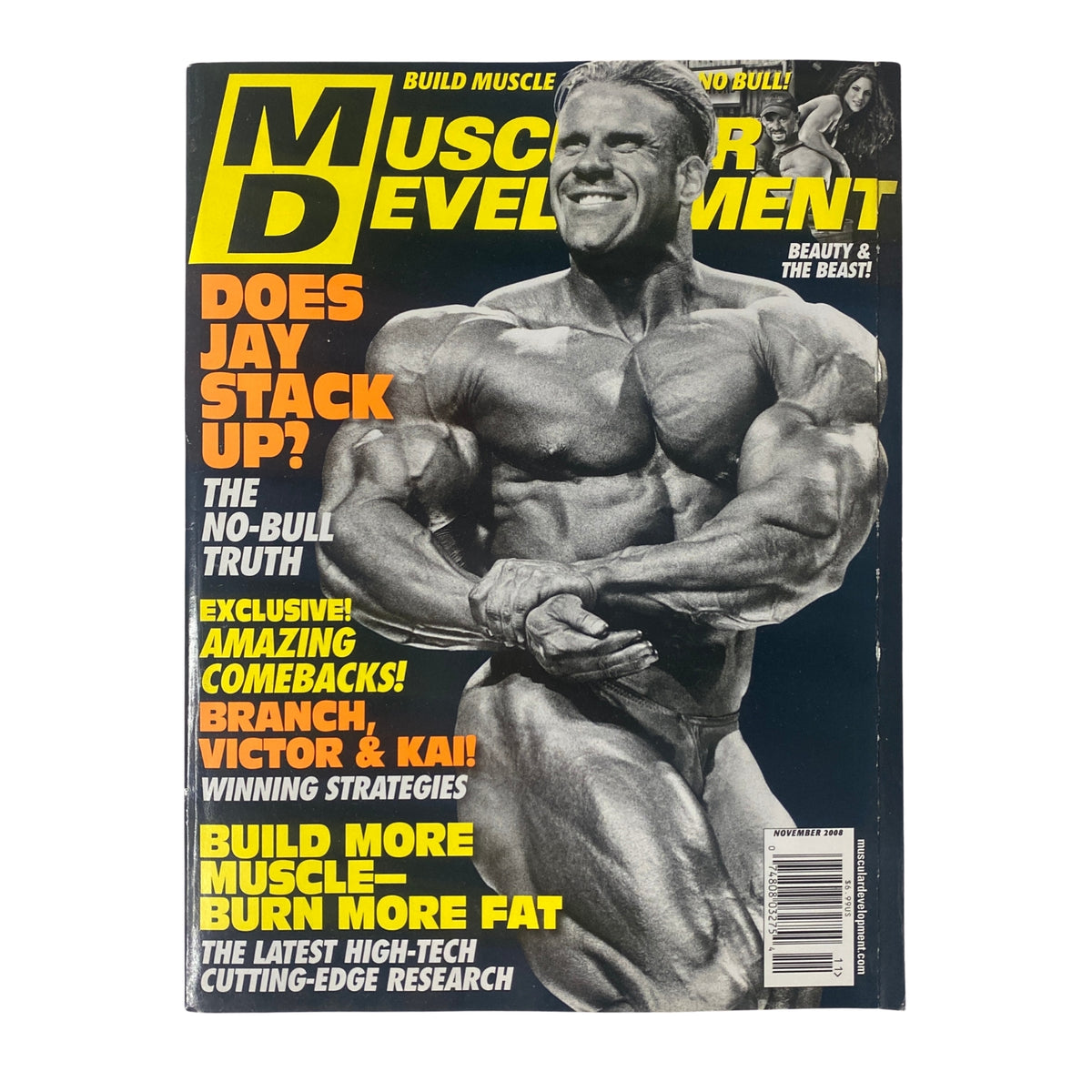 Muscular Development Magazine November 2008 cover featuring a bulging Jay Cutler, with the headline 'Does Jay Stack Up?' and vibrant yellow text emphasizing bodybuilding insights.