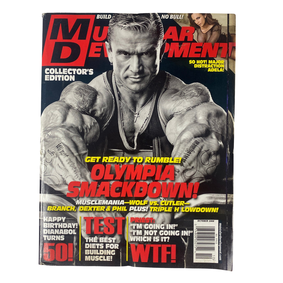 Muscular Development Magazine October 2008 featuring Lee Priest and Adela Garcia on the cover, highlighting Olympia Smackdown, bodybuilding news, and fitness insights, in very good condition.