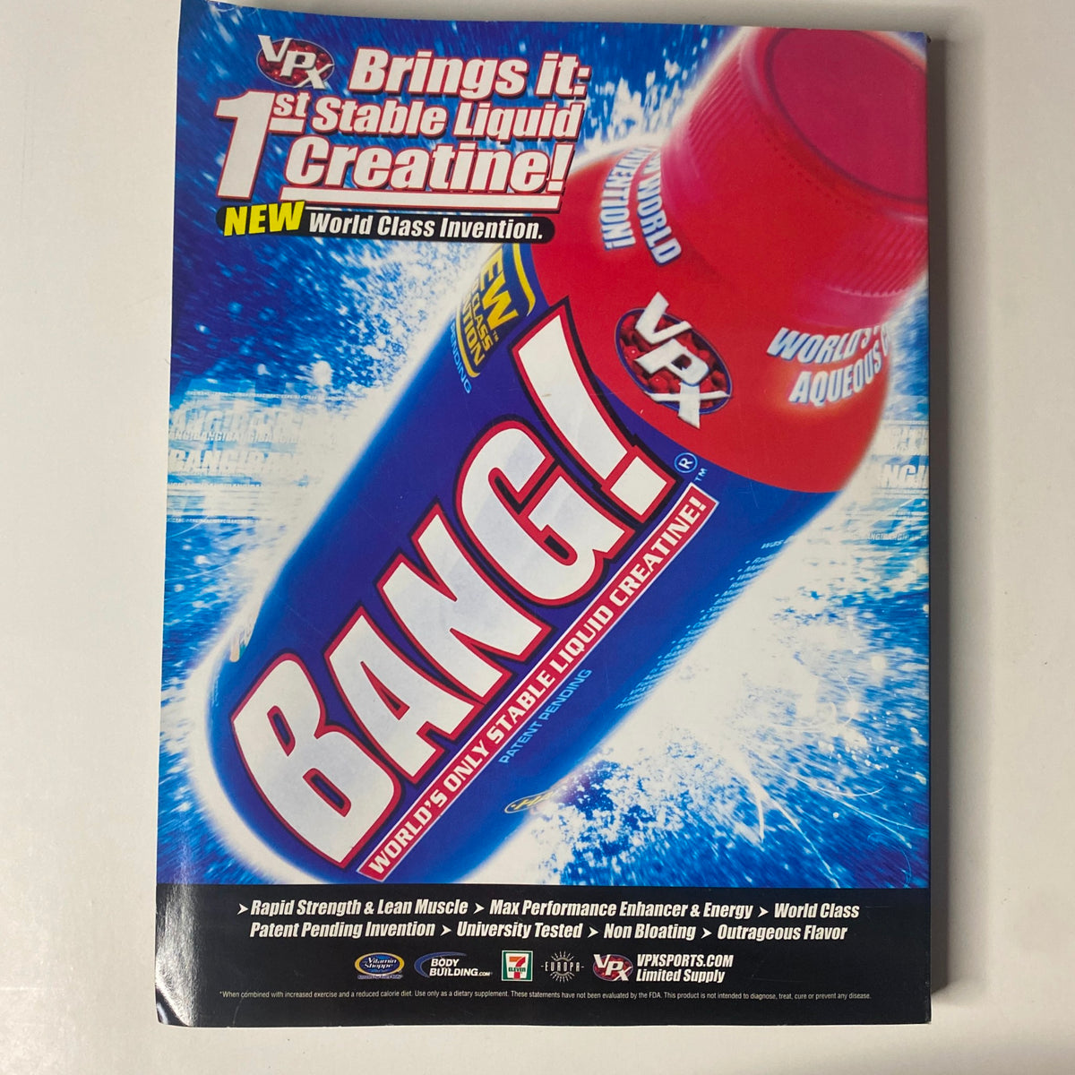 Advertisement for Bang! Stable Liquid Creatine featured in Muscular Development Magazine December 2008, promoting energy and muscle enhancement.