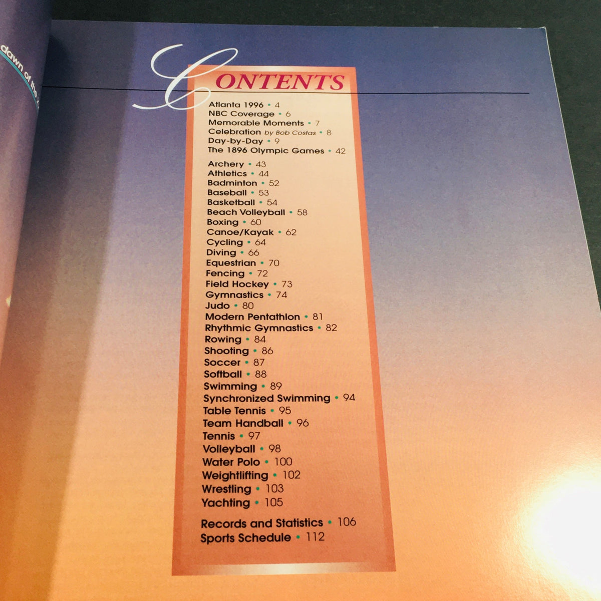 Contents page from The 1996 Olympic Games Atlanta Viewer's Guide Commemorative Centennial Edition listing various Olympic sports and events.