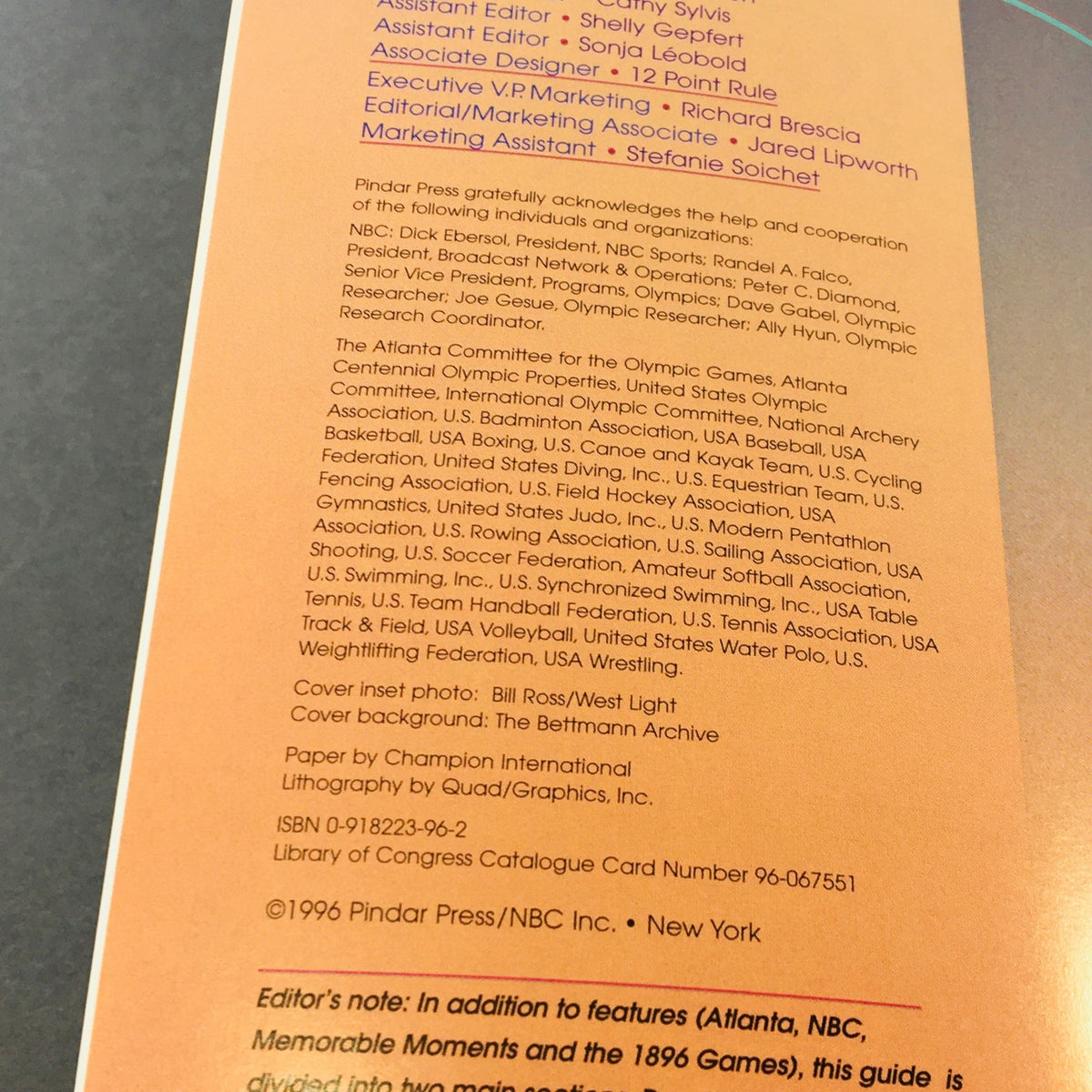 Acknowledgment page from The 1996 Olympic Games Atlanta Viewer's Guide Commemorative Centennial Edition detailing contributions from various organizations and individuals.