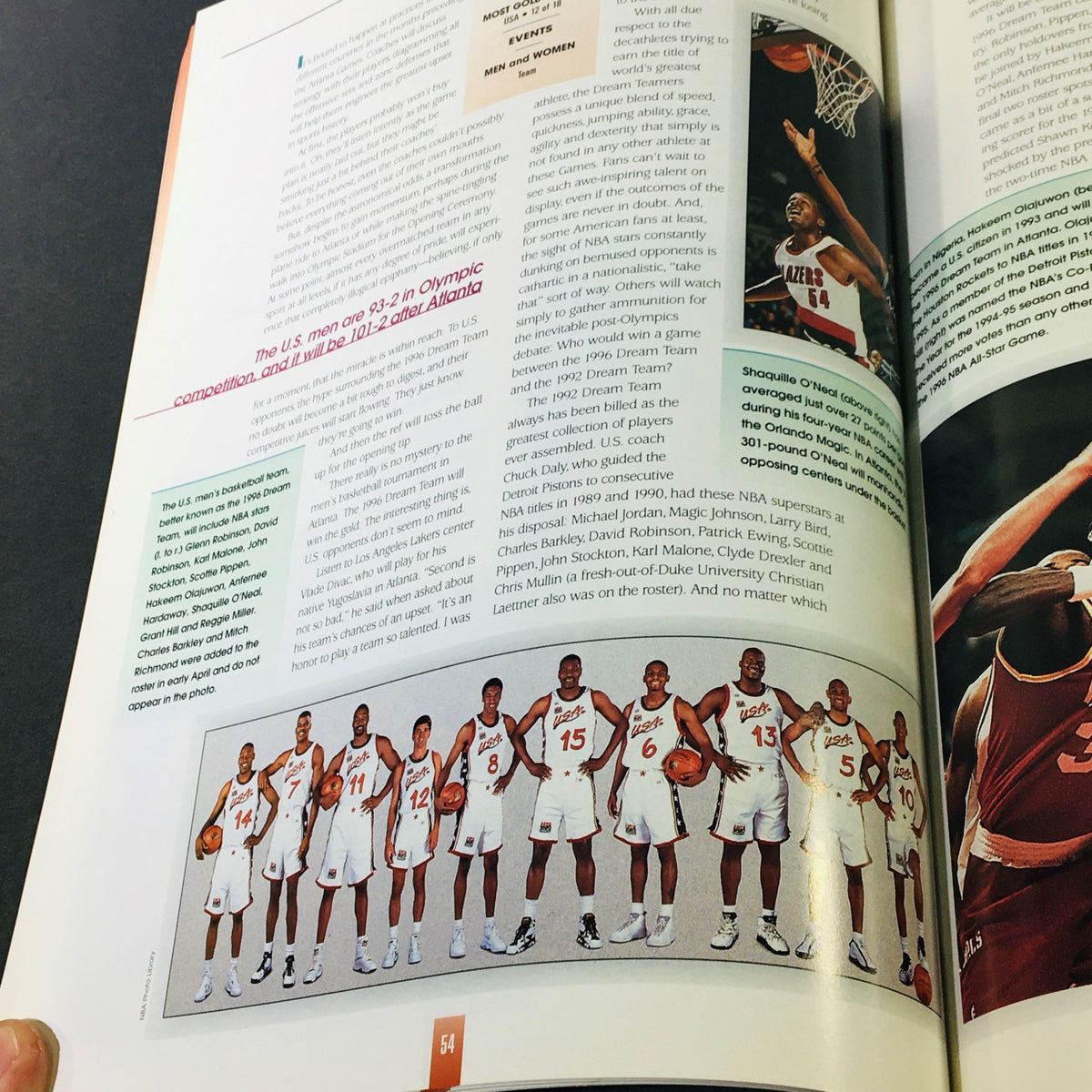 Page from The 1996 Olympic Games Atlanta Viewer's Guide Commemorative Centennial Edition featuring the U.S. Men's Basketball Dream Team with highlights about their Olympic performance.