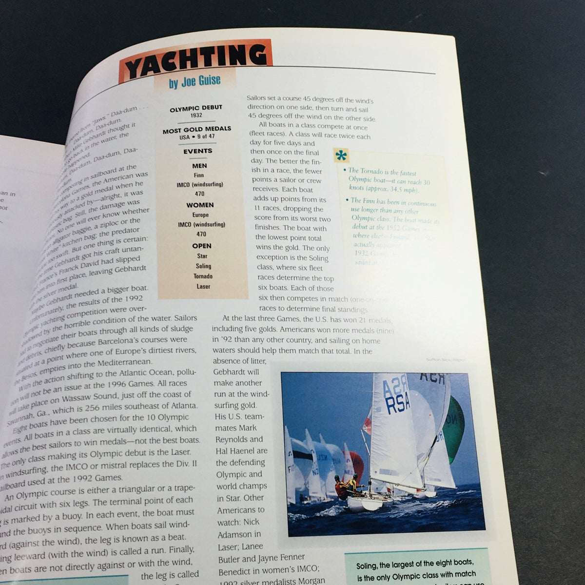 Inside view of the 1996 Olympic Games Atlanta Viewer's Guide Commemorative Centennial Edition showcasing the yachting events, features on Olympic sailing, and details on various classes of Olympic yachts.