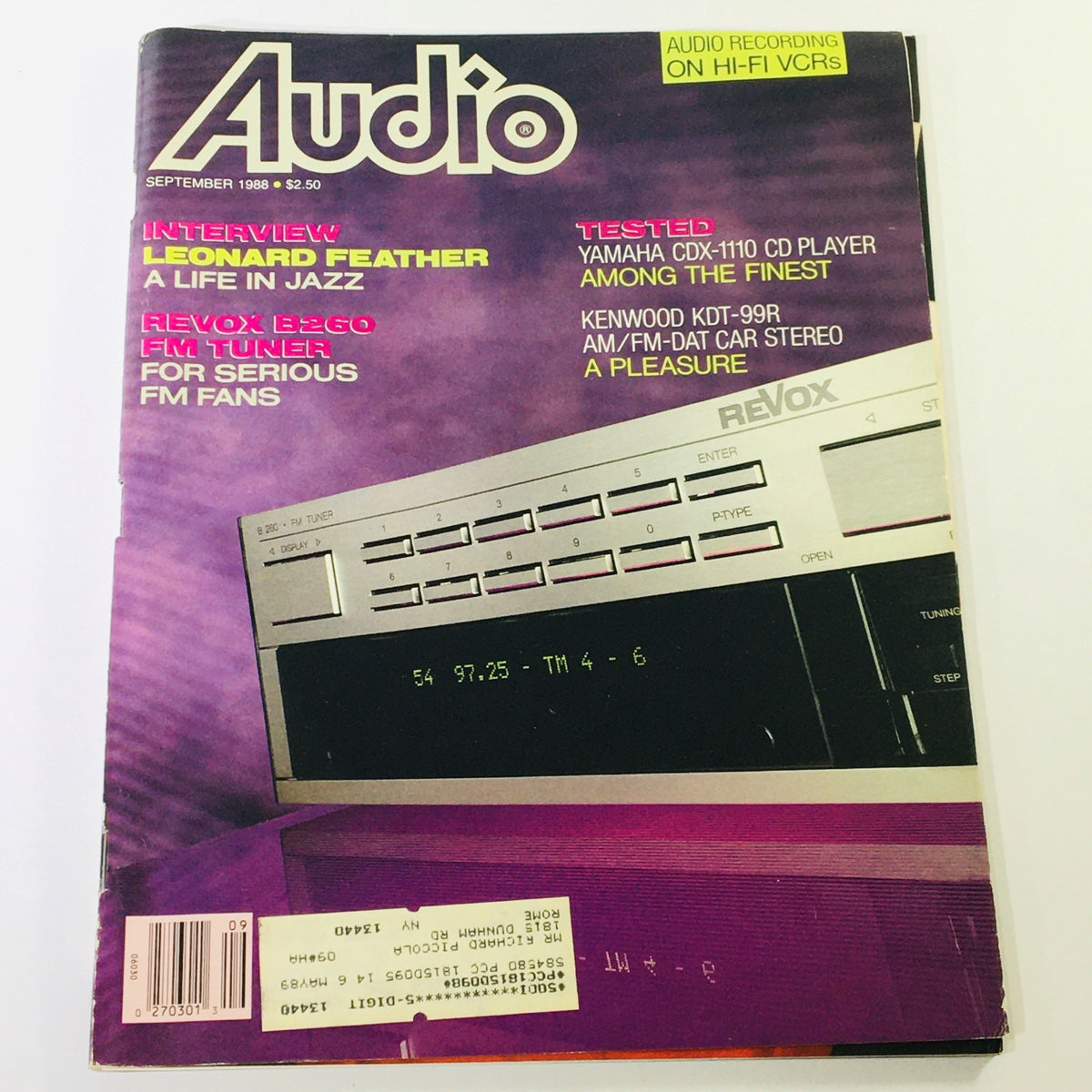 Cover of VTG Audio Magazine September 1988 featuring an exclusive interview with Leonard Feather and a review of the Kenwood KDT-99R. The magazine displays bold titles including 'INTERVIEW LEONARD FEATHER' and 'KENWOOD KDT-99R AM/FM-DAT CAR STEREO,' encapsulating the late 80s audio technology and music culture.