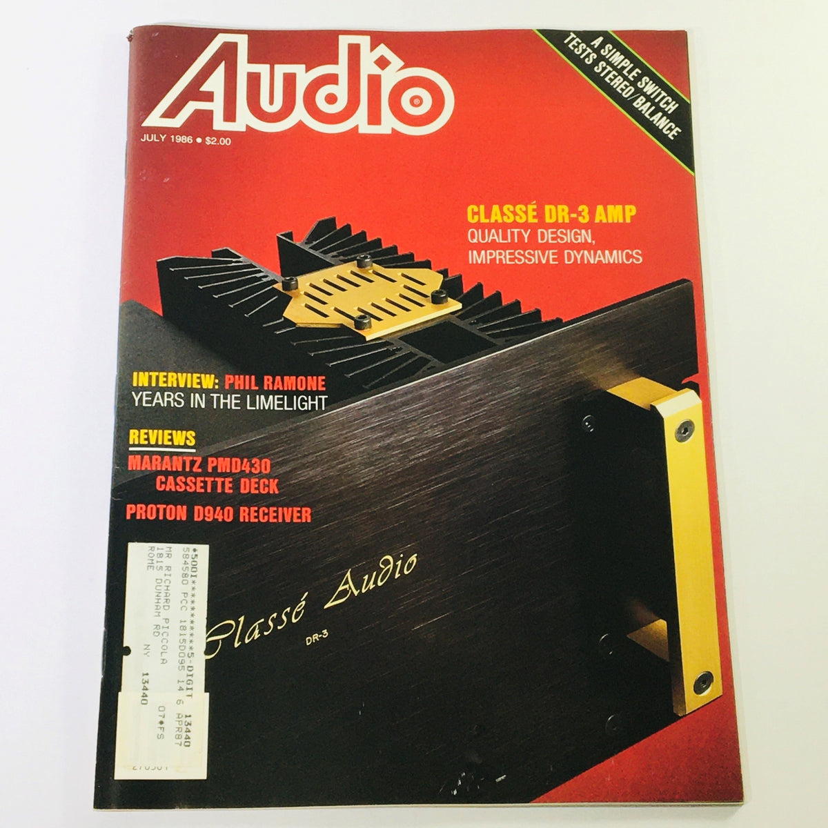 Cover of VTG Audio Magazine from July 1986 featuring an interview with Phil Ramone and a review of Classe DR-3 Amplifiers. The magazine presents vibrant graphics and highlights key audio equipment and artists relevant to that era.