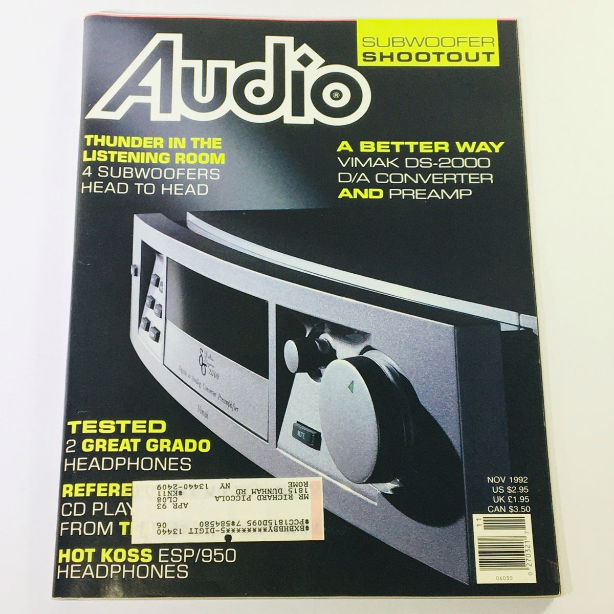 Cover of Audio Magazine, November 1992, featuring Vimak DS-2000 D/A Converter and Pre-Amplifier, highlighting articles on audio technology and product tests.
