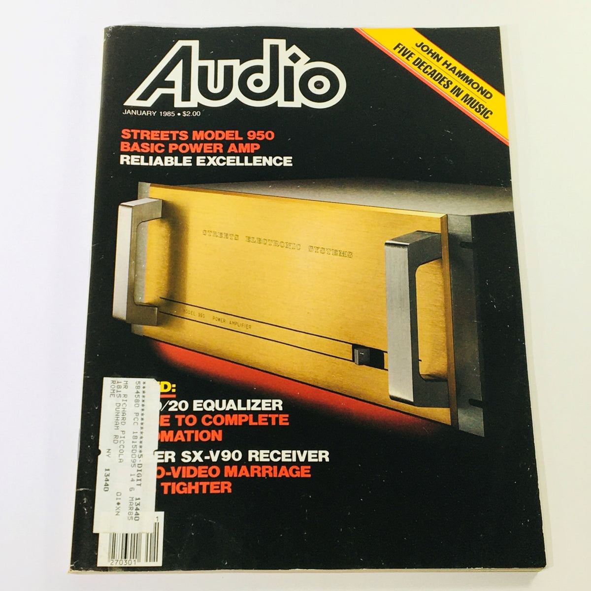 Cover of the January 1985 Audio Magazine featuring the Streets Model 950 Basic Power Amplifier, highlighting vintage audio technology and collectible content.