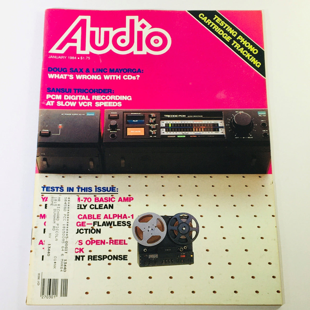 Vintage Audio Magazine January 1984 featuring Doug Sax and Linc Mayorga discussing audio technology. The magazine cover highlights the Sansui Tricorder with features on PCM digital recording, wrapped in a plastic protection for preservation.