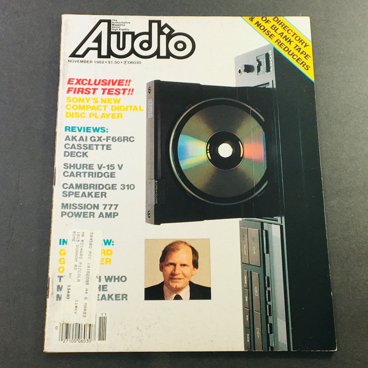 Cover of VTG Audio Magazine November 1982 featuring Sony's Compact Digital Disc Player, showcasing exclusive first tests, reviews of audio equipment, and vintage audio technology highlights.