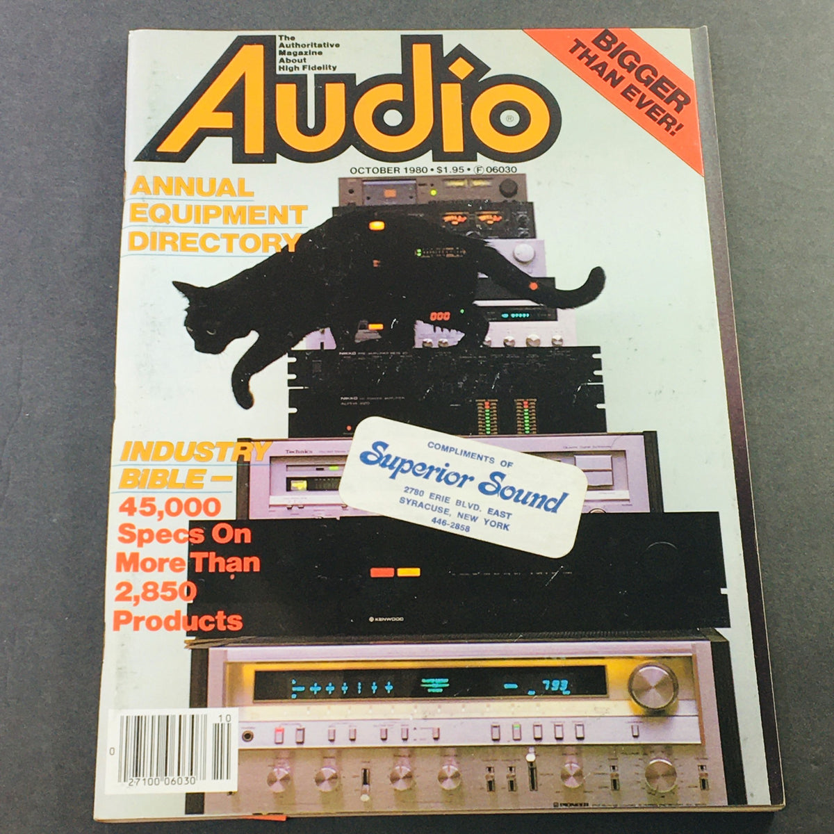 Cover of VTG Audio Magazine October 1980 featuring the headline 'Annual Equipment Directory & Industry Bible' with a black cat on top of audio equipment, showcasing vintage audio technology.