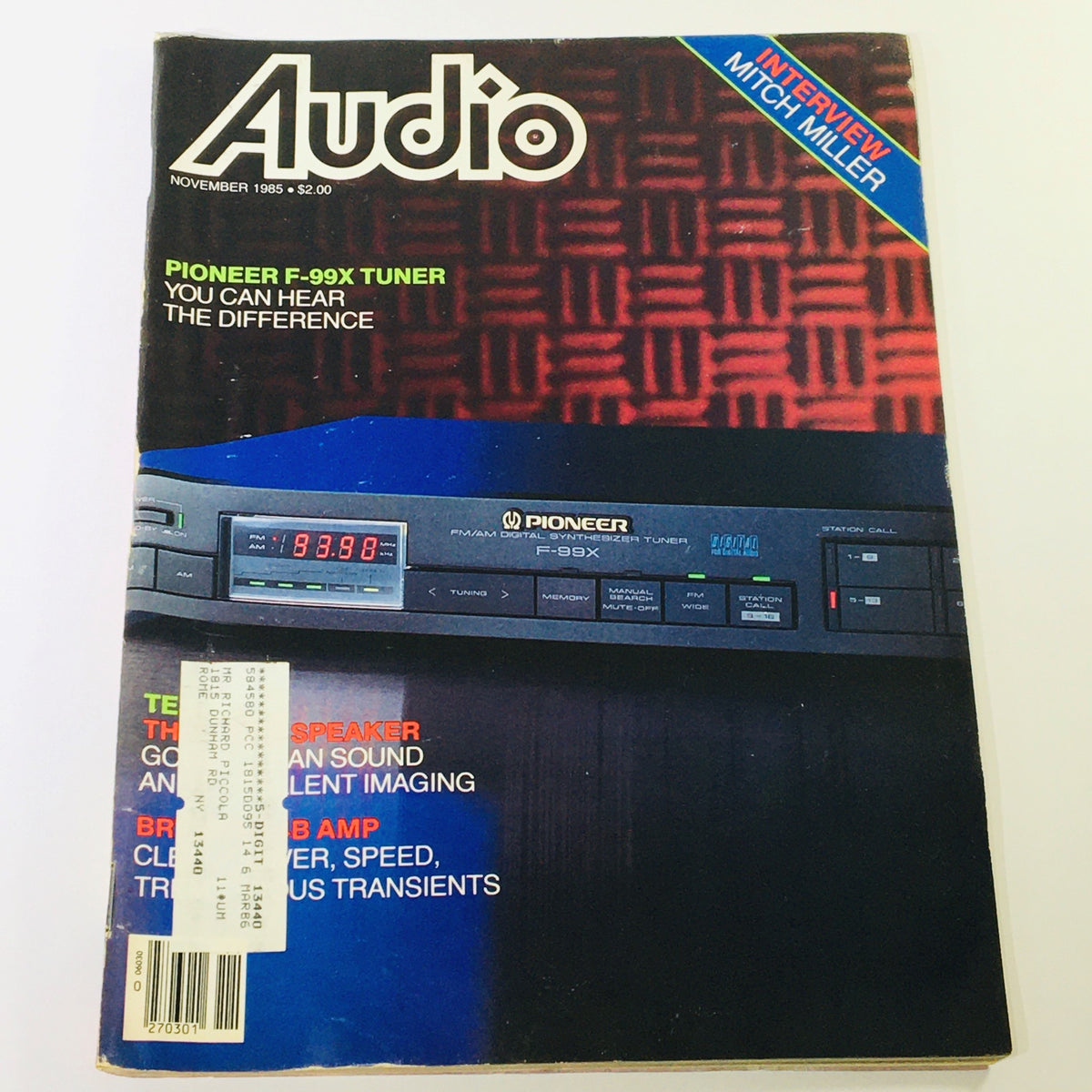 VTG Audio Magazine November 1985 featuring Pioneer F-99X Tuner on the cover, highlighting the tagline 'You Can Hear the Difference' and an interview with Mitch Miller.